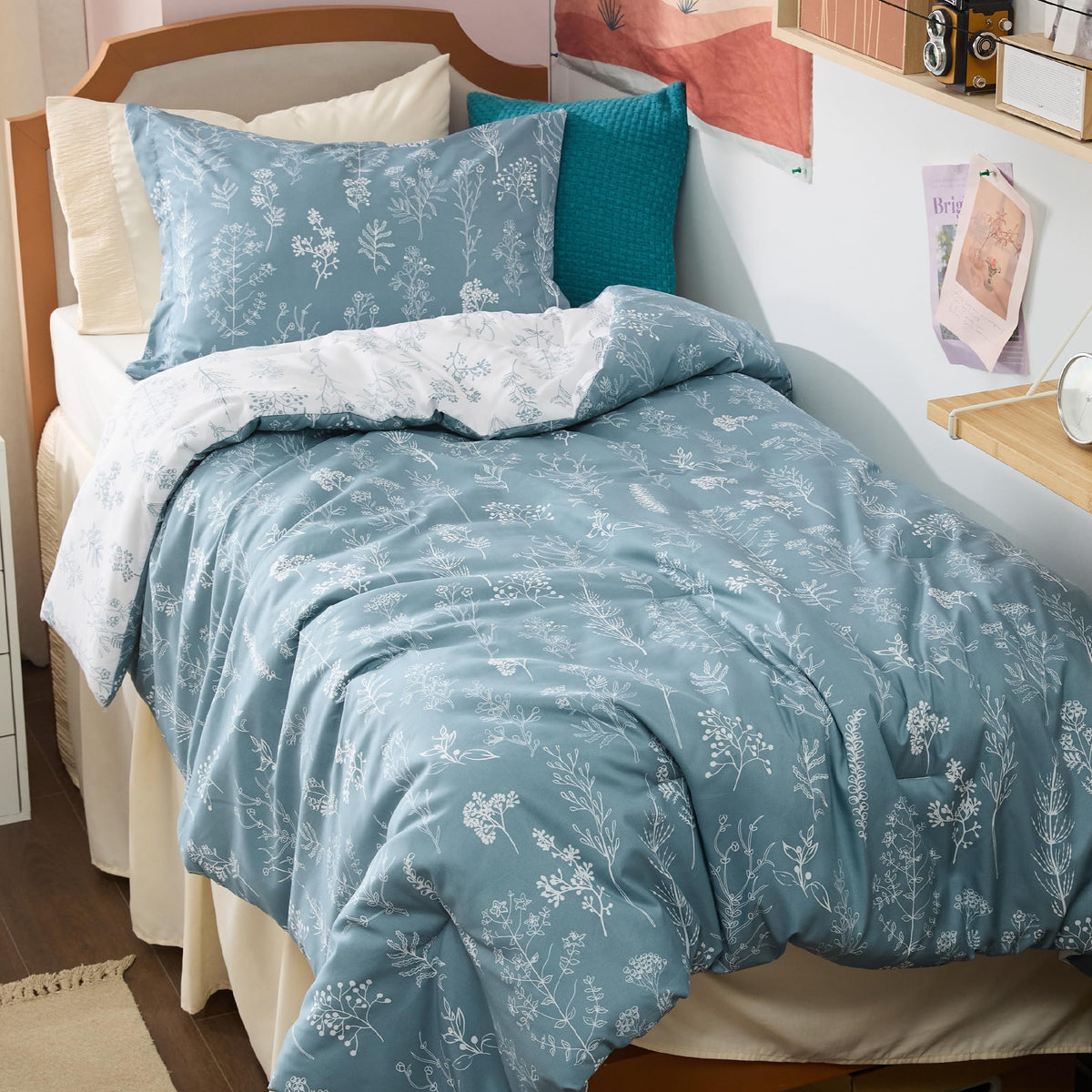 Bedsure Twin Xl Comforter Set Dorm Bedding - Mineral Blue Comforter, Floral Twin Extra Long Bedding Comforter Set, 2 Pieces, 1 R