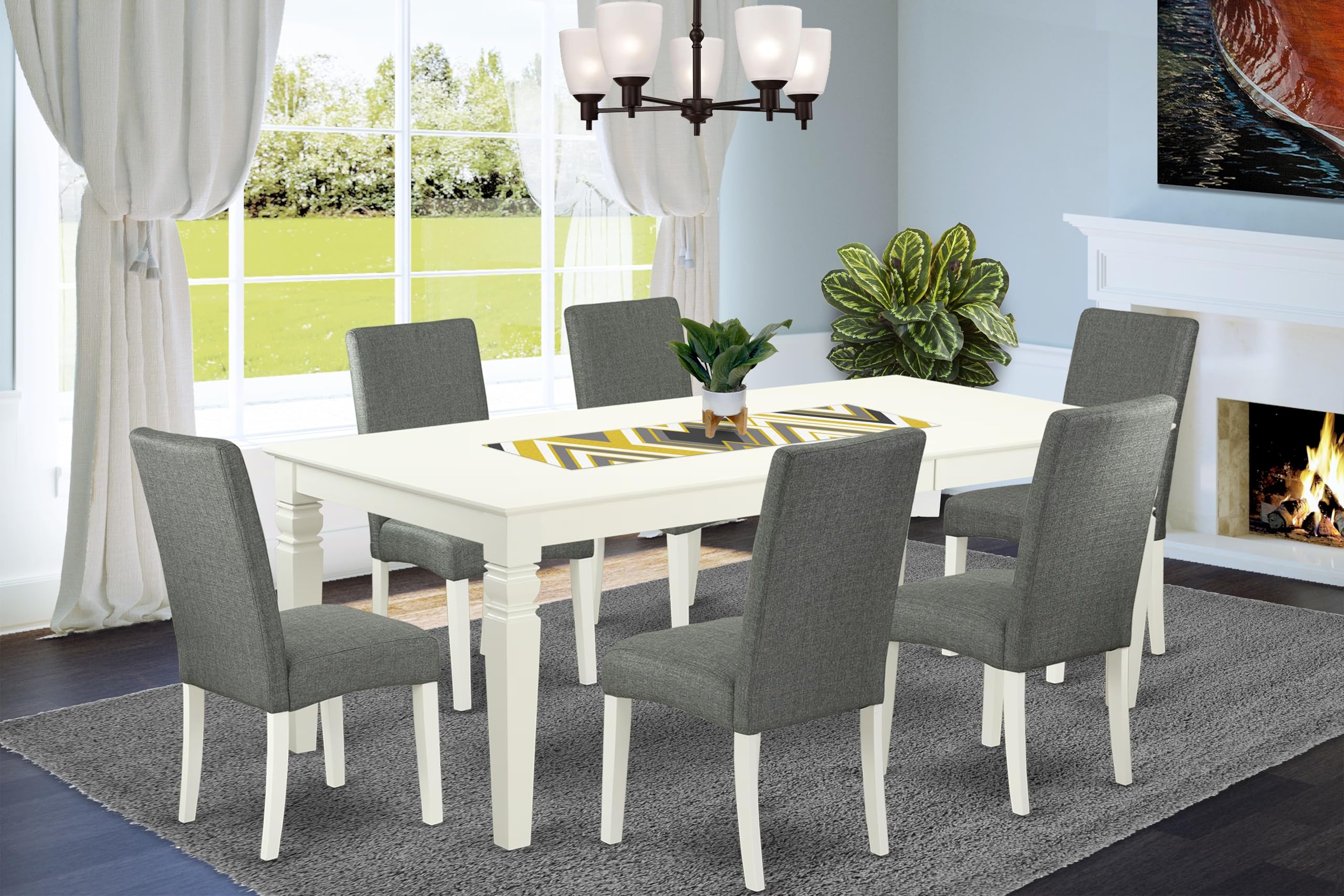 East West Furniture Lgdr7-Lwh-07 7 Piece Modern Dining Table Set Consist Of A Rectangle Wooden Table With Butterfly Leaf And 6 Gray Linen Fabric Parson Dining Chairs, 42X84 Inch, Linen White