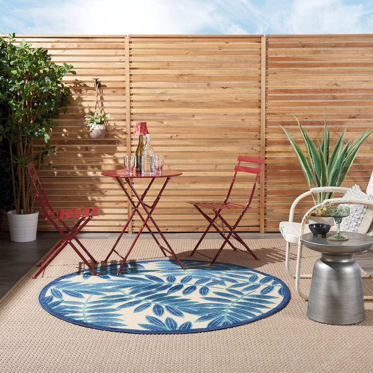 Nourison Aloha Indoor/Outdoor Navy 7'10' X Round Area Rug, Tropical, Botanical, Easy Cleaning, Non Shedding, Bed Room, Kitchen,