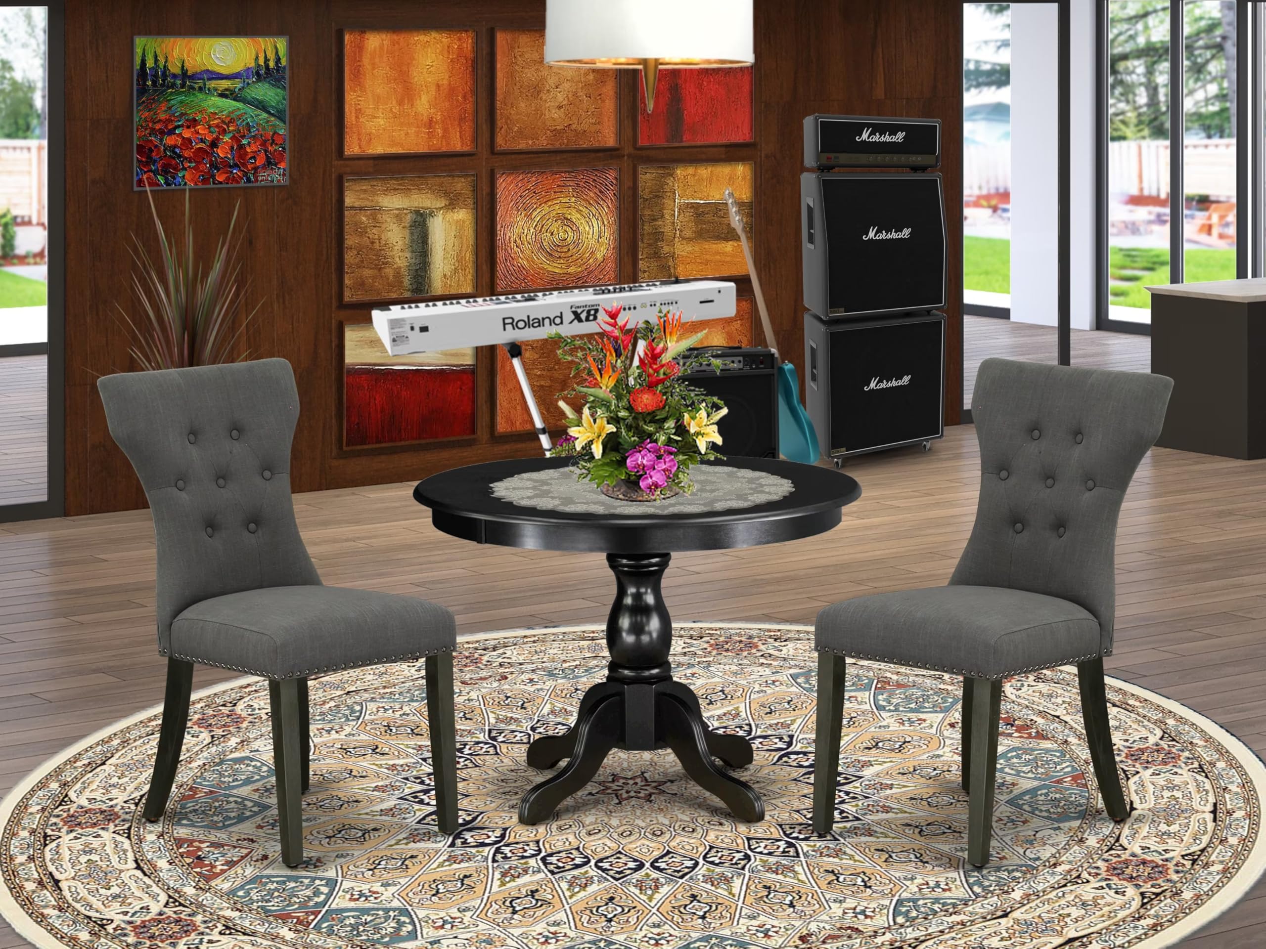 East West Furniture HBGA3-ABK-50 3 Piece Dining Set Contains a Round Dining Room Table with Pedestal and 2 Dark Gotham Linen Fabric Upholstered Parson Chairs, 42x42 Inch, Wirebrushed Black