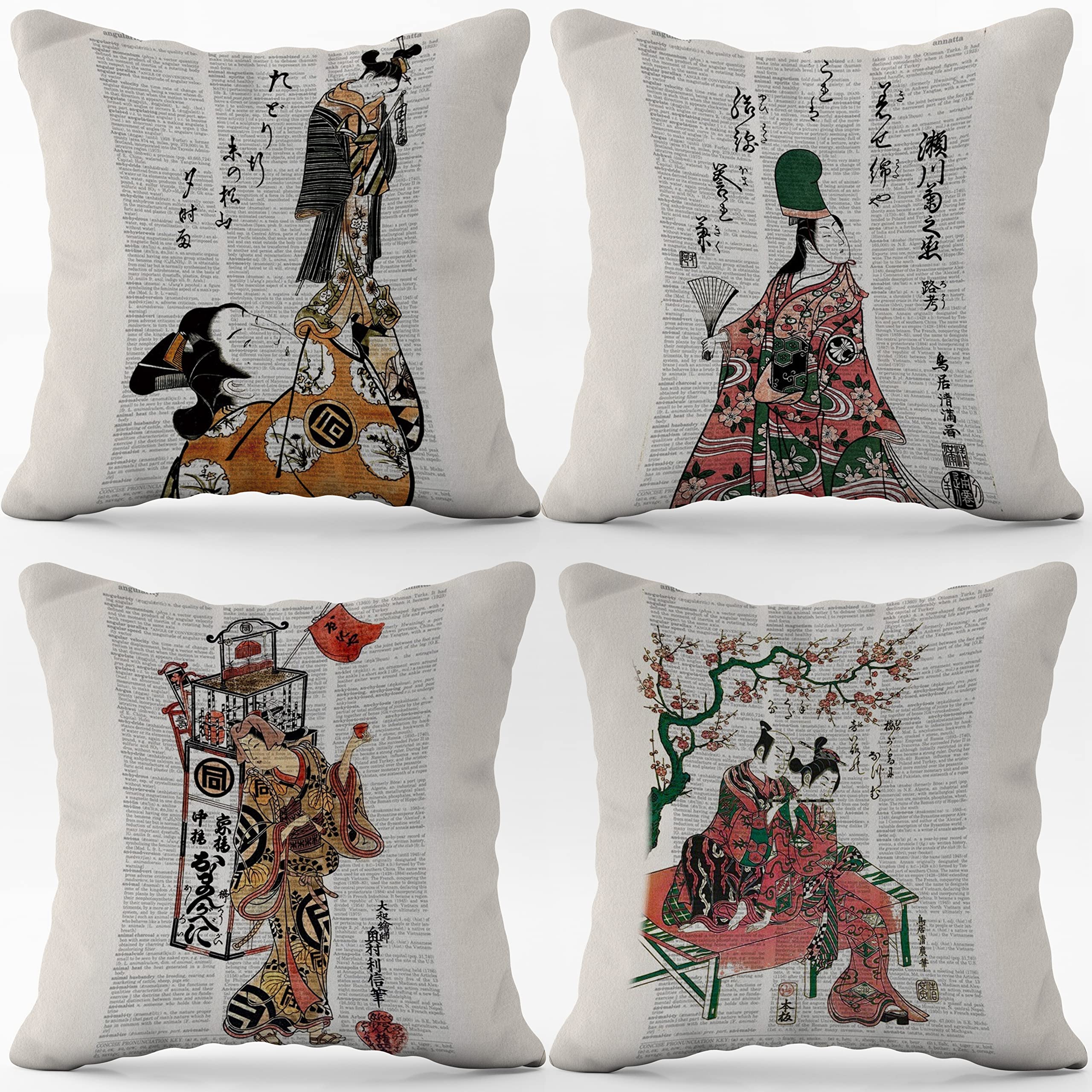 (Rb) Japanese Art Vintage Flannel Throw Pillow Case, 18 X 18 Inch Set Of 4, Gift For Japanese Lover, Japanese Style Decor, Japan