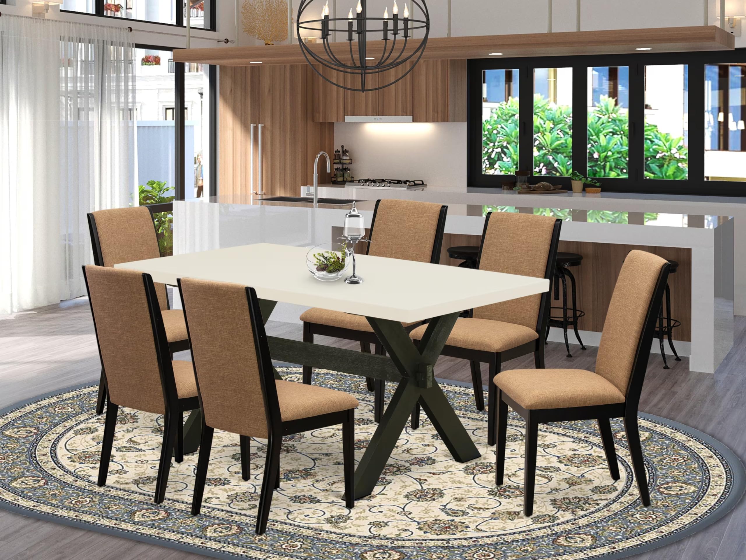 East West Furniture X626La147-7 7 Piece Dining Room Furniture Set Consist Of A Rectangle Dining Table With X-Legs And 6 Light Sable Linen Fabric Parson Chairs, 36X60 Inch, Multi-Color