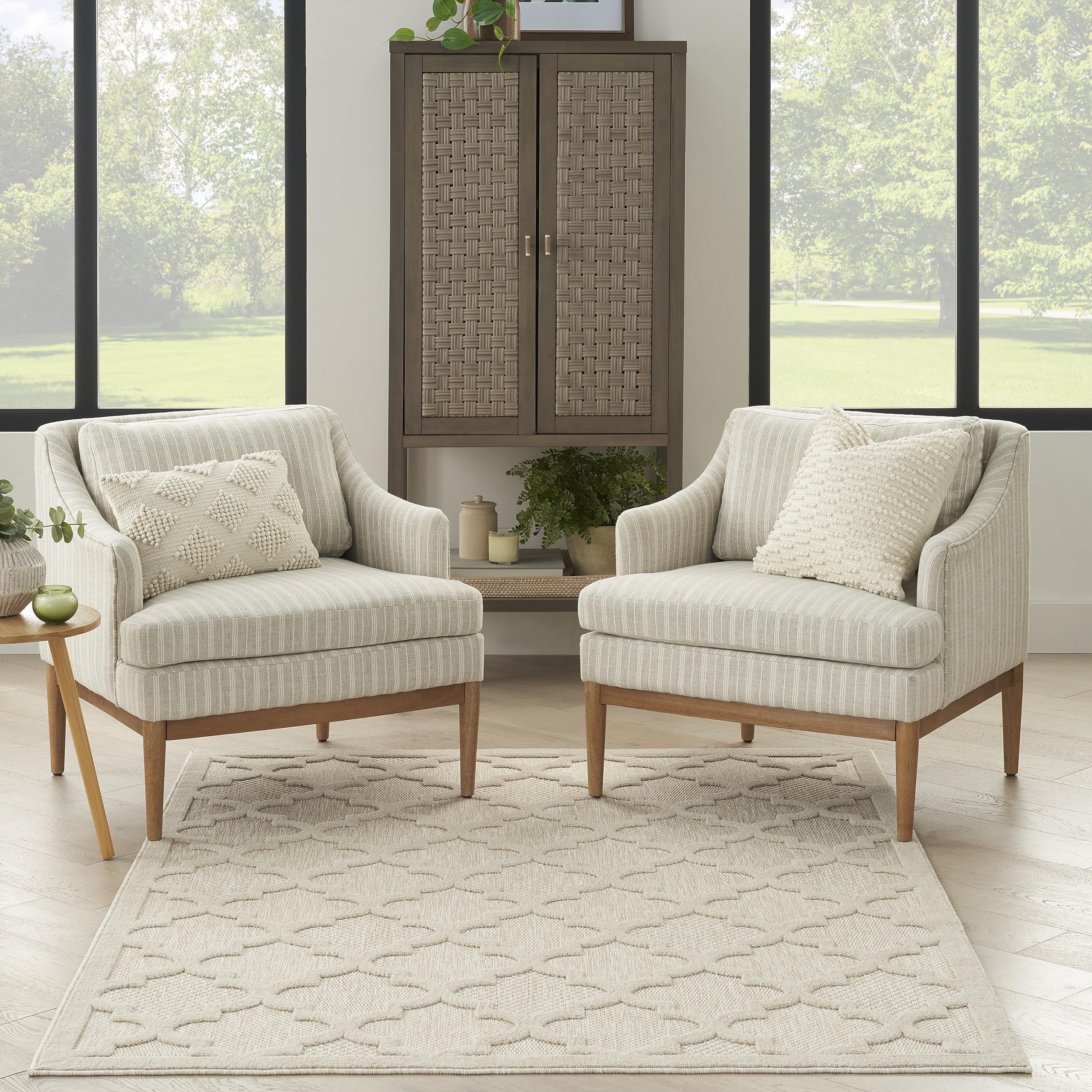 Nourison Easy Care Indoor/Outdoor Cream 6' X 9' Area Rug, Easy Cleaning, Non Shedding, Bed Room, Living Room, Dining Room, Backyard, Deck, Patio (6X9)