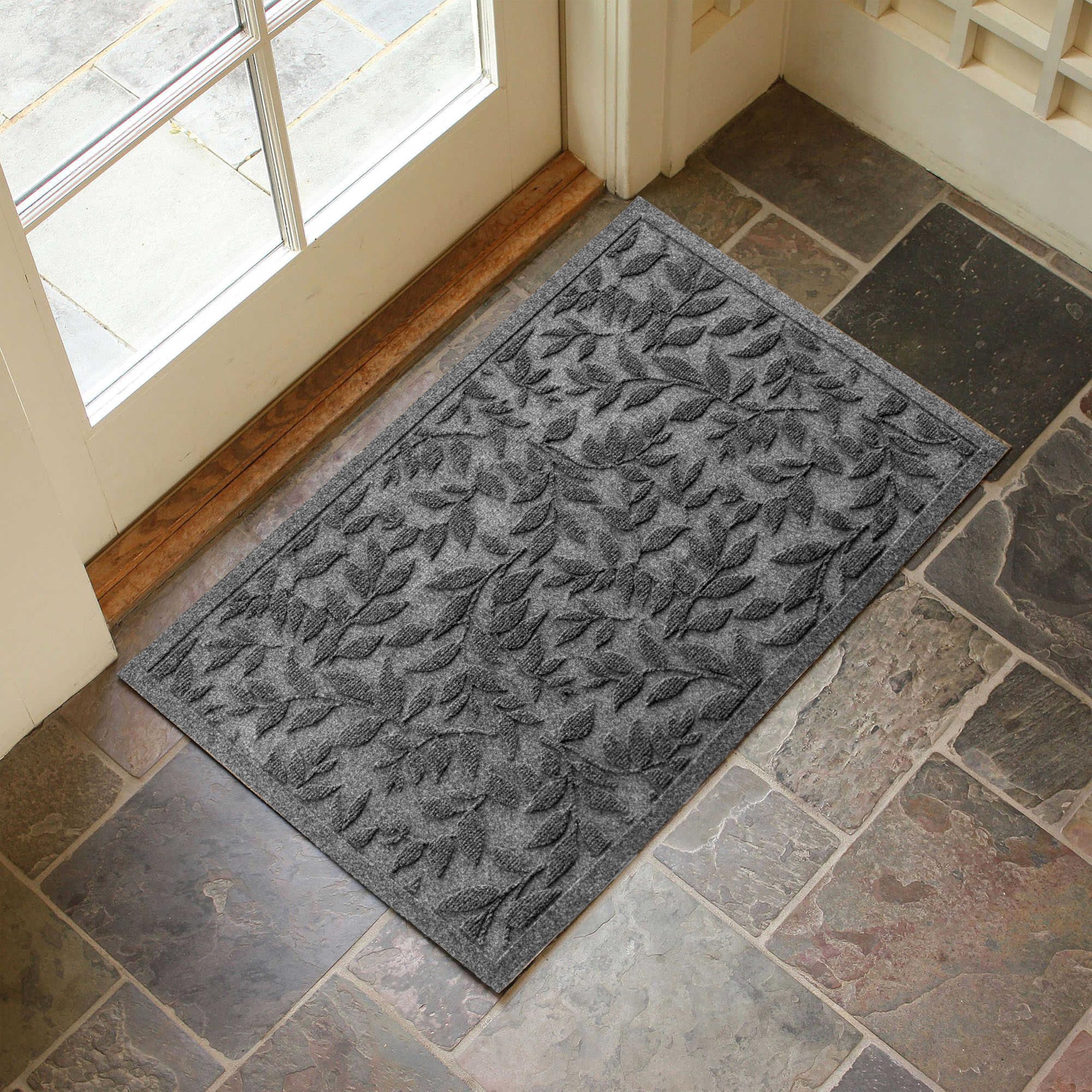 Vivanest Grey Leaves Outdoor Indoor Entrance Doormats, Absorbent Durable Heavy Duty Welcome Front Door Mat,Thick Natural Rubber