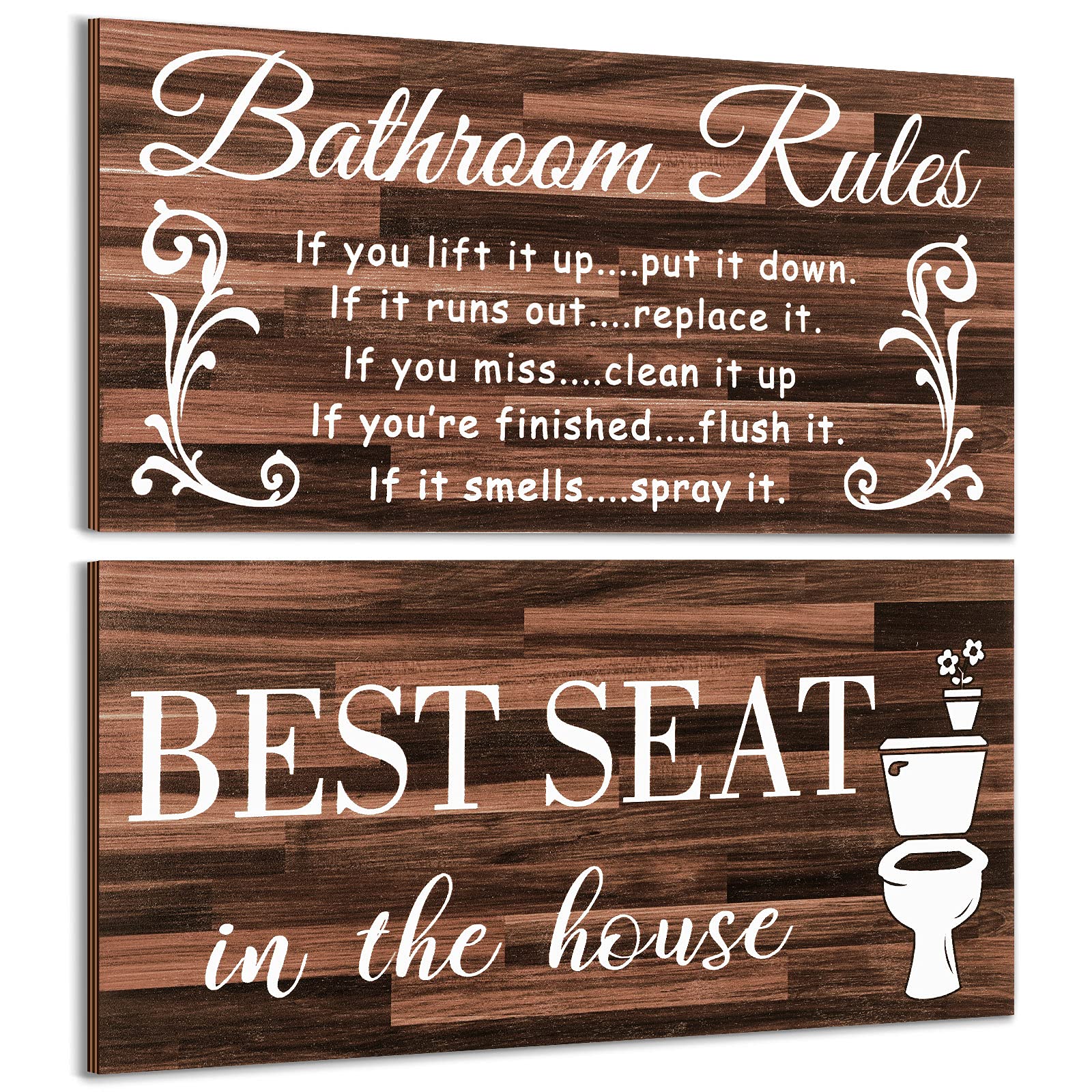 2 Pieces Funny Bathroom Wall Decor Sign Farmhouse Bathroom Rule Wall Art Toilet Rustic Bathroom Decoration Best Seat Wooden Sign