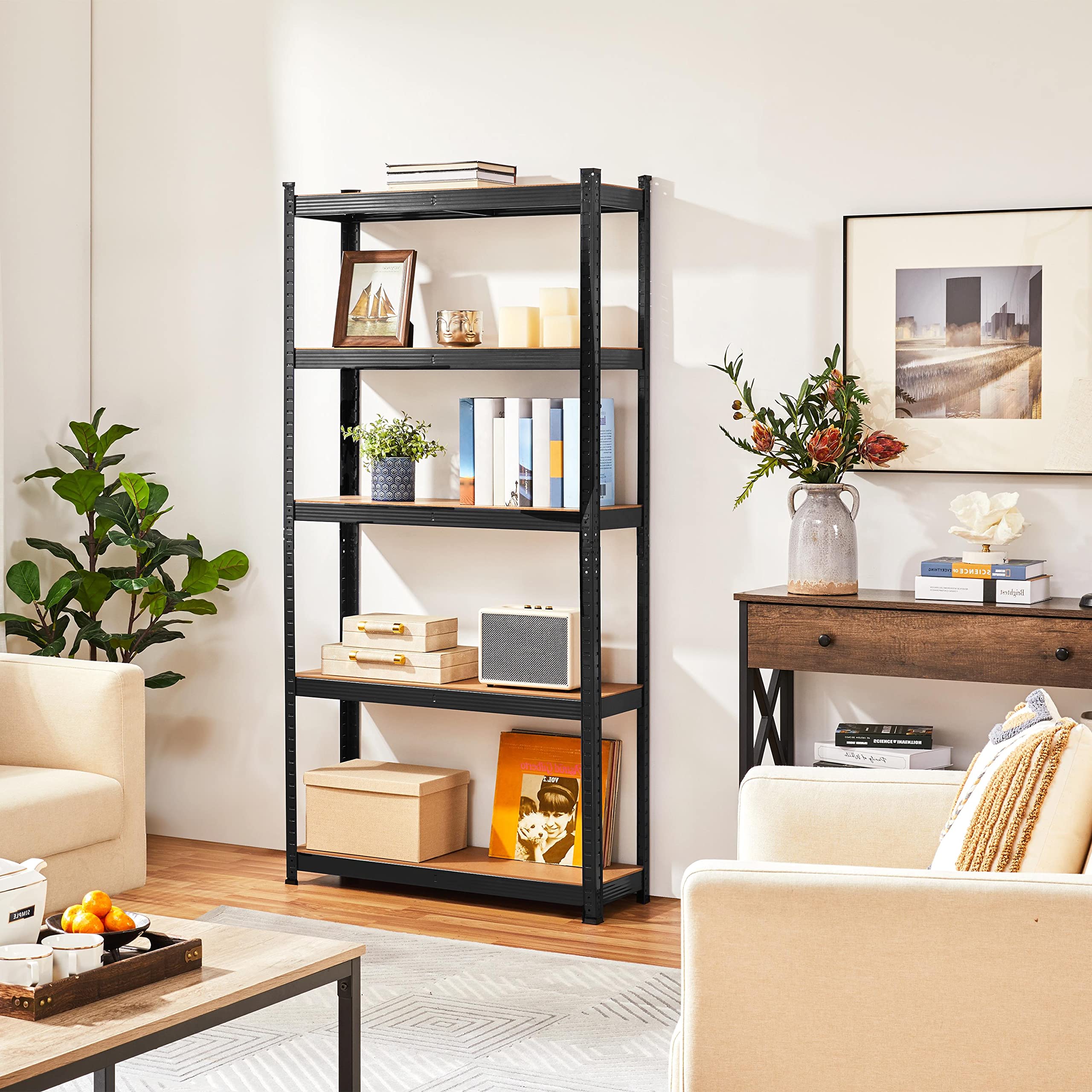 Topeakmart 5-Tier Utility Shelves, Metal Storage Shelves Garage Shelving Unit Adjustable Garage Storage Shelves Storage Racks Heavy Duty Shed Shelving- Black, 35.5 X 12 X 71 Inch