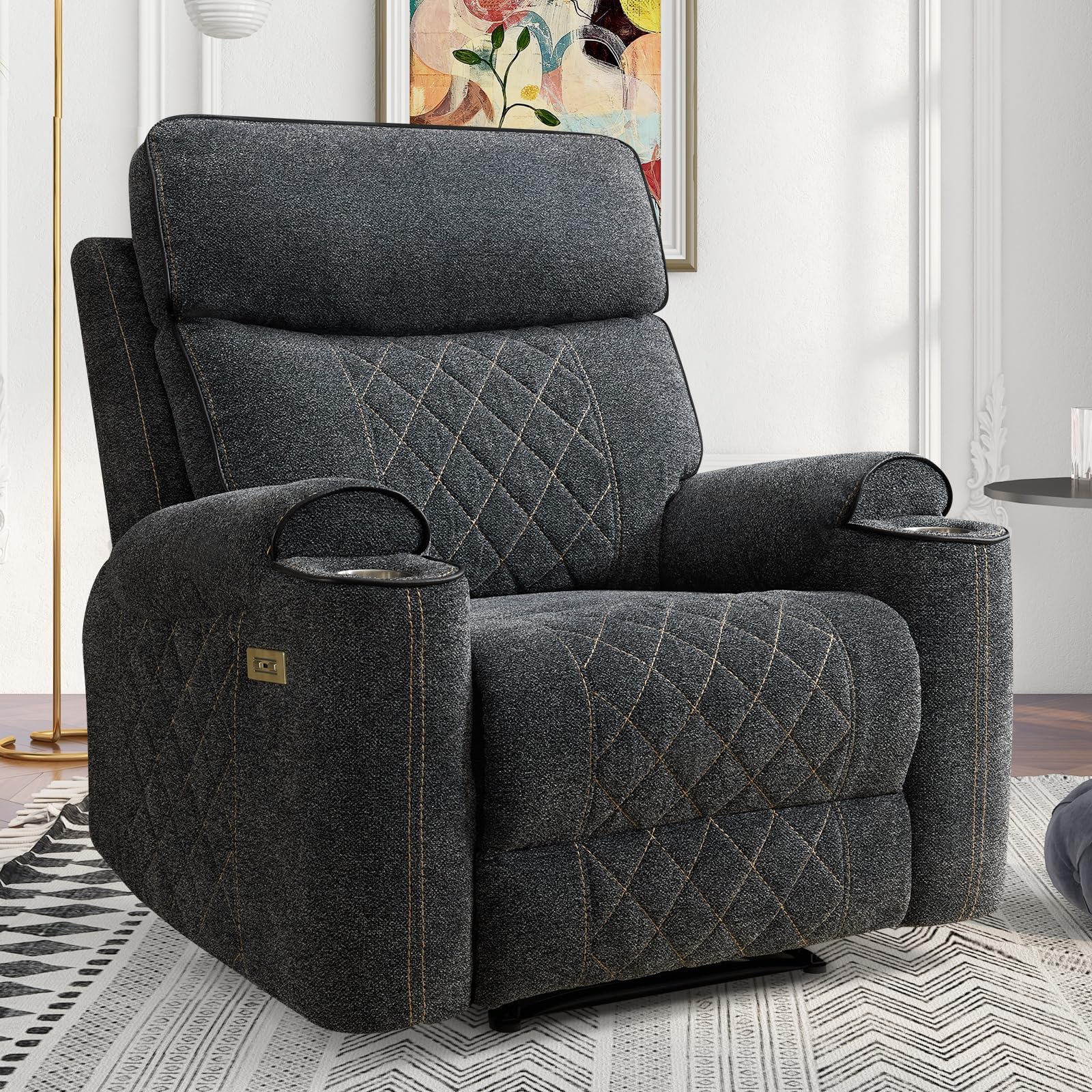 Haomarkets Electric Recliner Chair, Soft Fabric Power Recliners With Metal Cup Holders, Single Overstuffed Heavy Duty Reclining