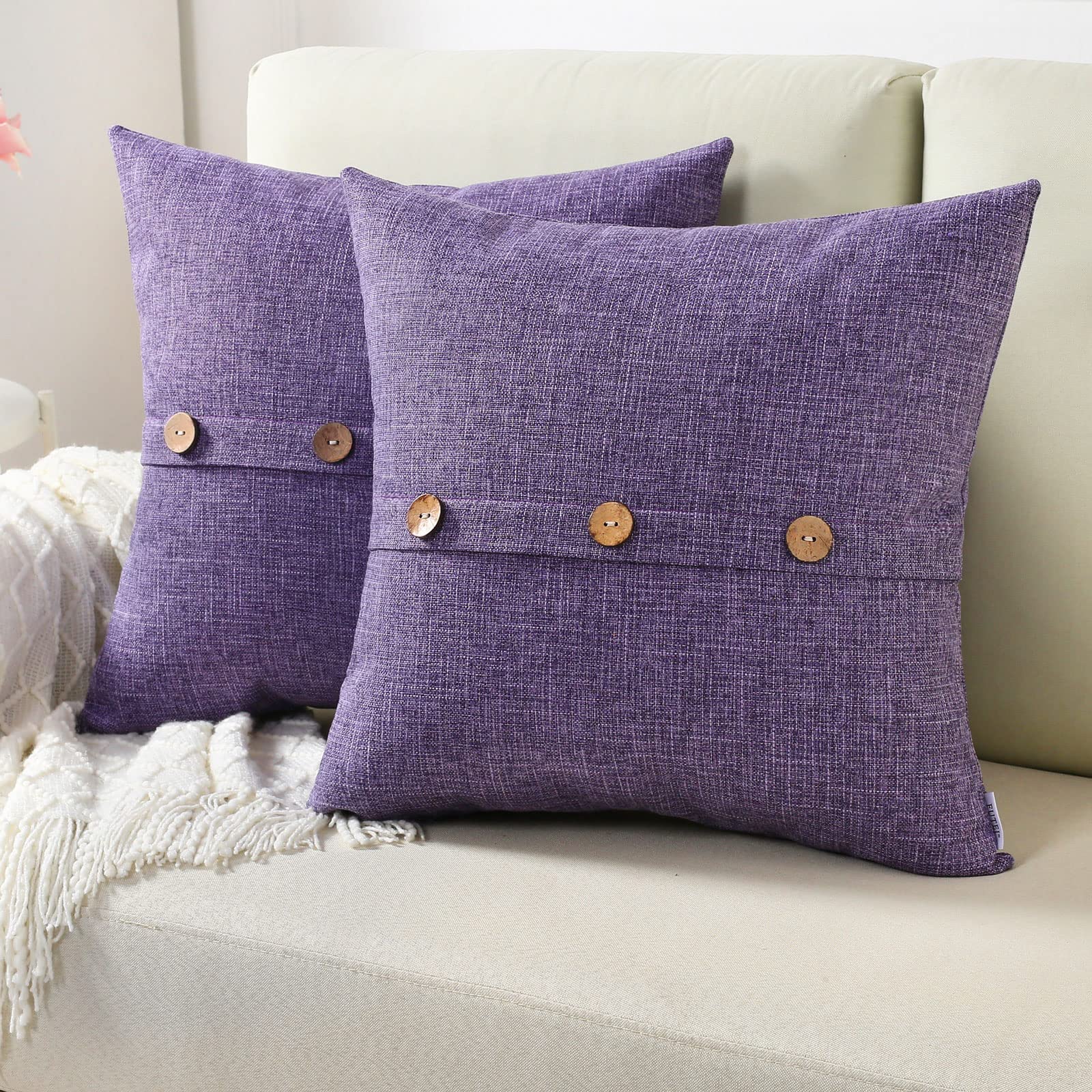 Futei Lavender Linen Decorative Throw Pillow Covers 22X22 Inch Set Of 2, Square Cushion Case With Vintage Button/Zipper,Modern F