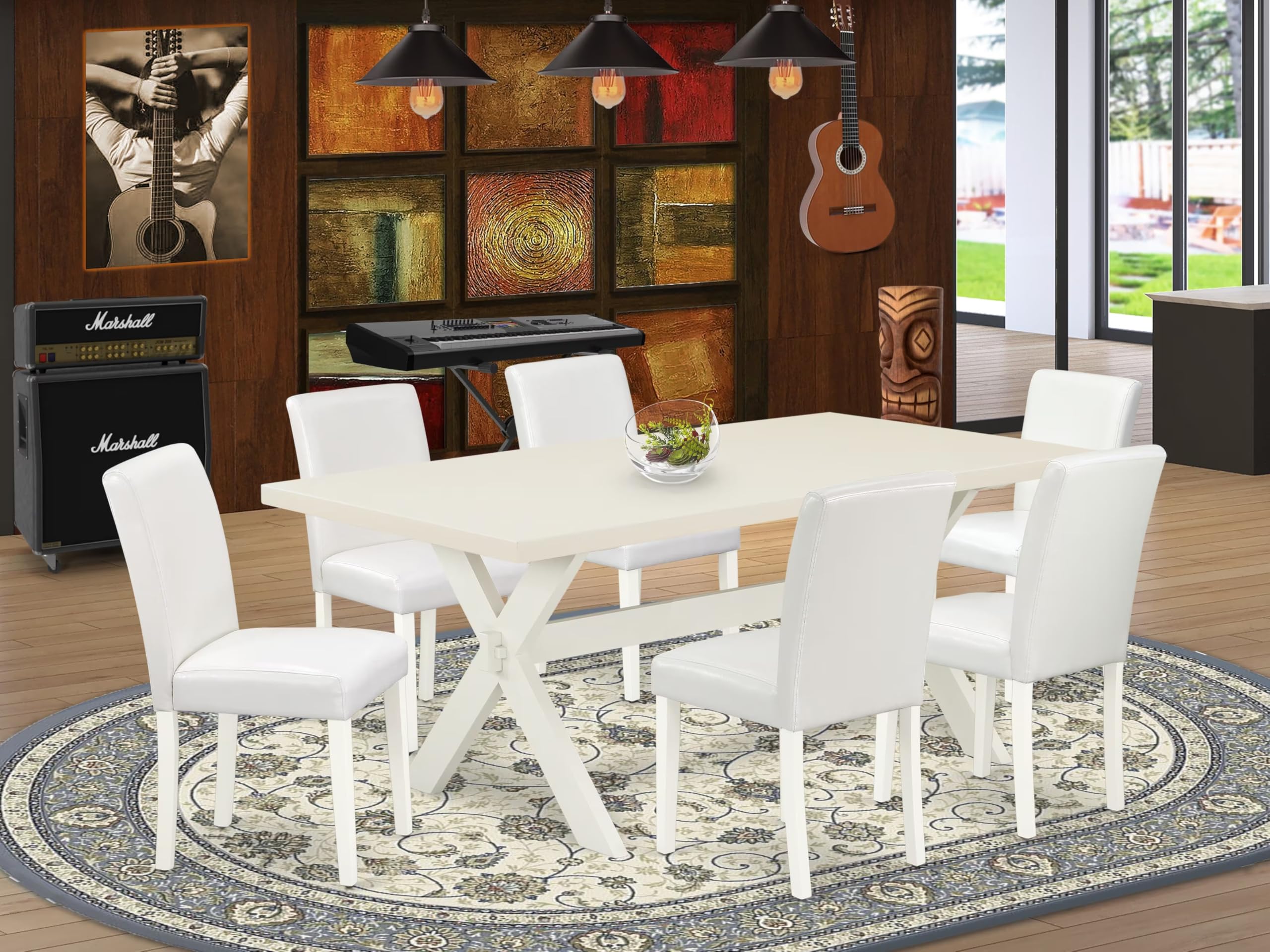 East West Furniture X027Ab264-7 7 Piece Dining Set Consist Of A Rectangle Dining Room Table With X-Legs And 6 White Faux Leather Upholstered Parson Chairs, 40X72 Inch, Multi-Color