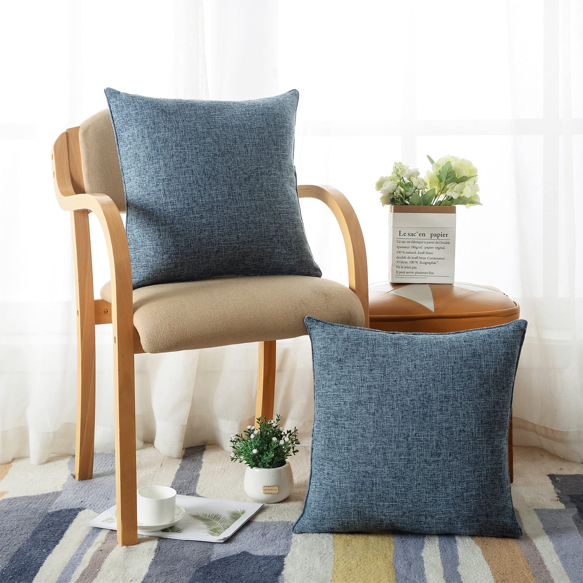 Hpuk Linen Throw Pillow Covers Pack Of 2, 20X20 Inch Accent Cushion Covers For Living Room, Bedroom, Decorative Solid Color Pillow Covers For Couch, Sofa, Chair, Blue