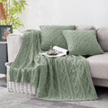 Homiest Cable Knit Throw Blanket And Pillow Set, Sage Green Throw Blanket Set Of 3, Knitted Throw Blanket (50'X60') & 2 Pillow
