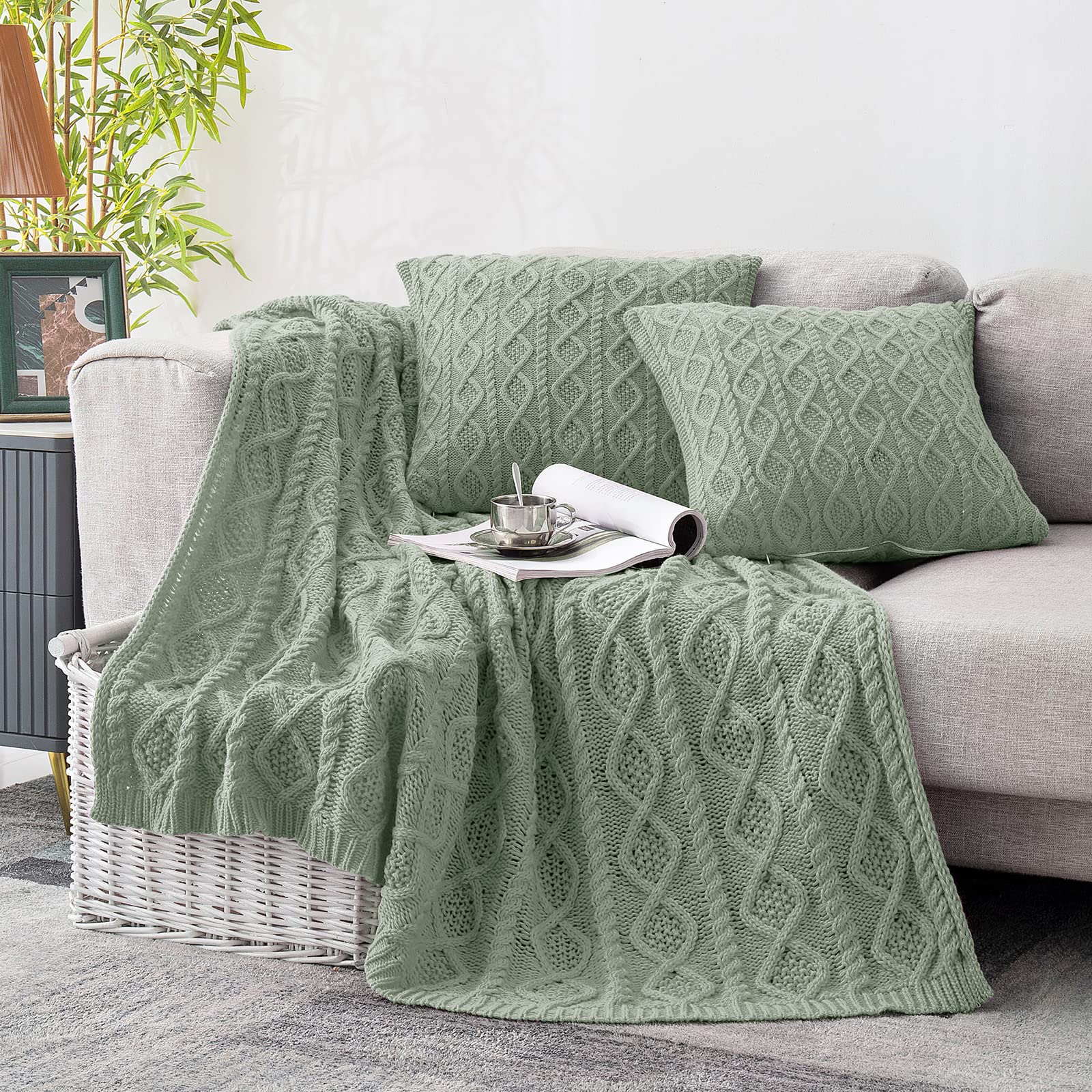 Homiest Cable Knit Throw Blanket And Pillow Set, Sage Green Throw Blanket Set Of 3, Knitted Throw Blanket (50'X60') & 2 Pillow