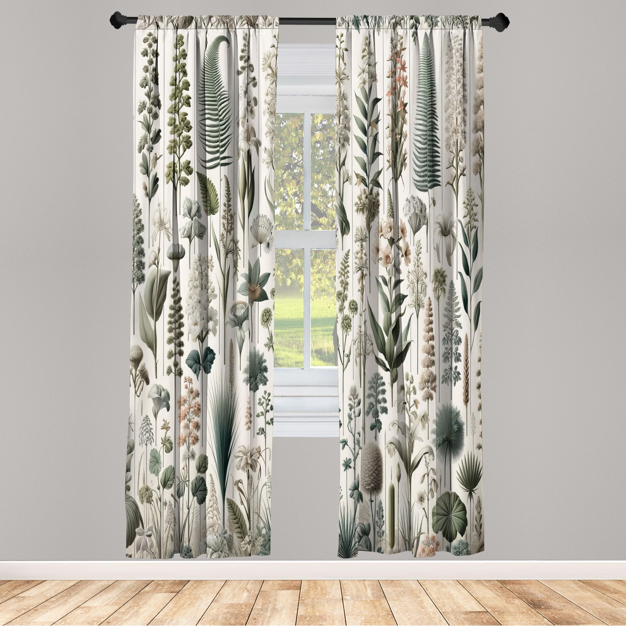 Ambesonne Neutral Window Curtains Pack Of 2, Exotic Botanical Illustration Of Leaves Pastel Tones Ferns And Palms, Lightweight S
