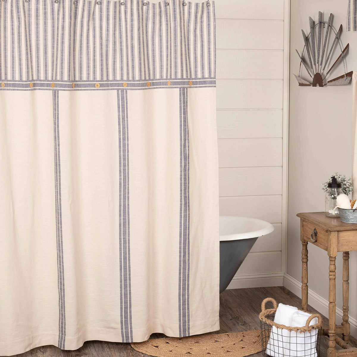 Piper Classics Market Place Blue Ticking And Grain Sack Stripe Shower Curtain