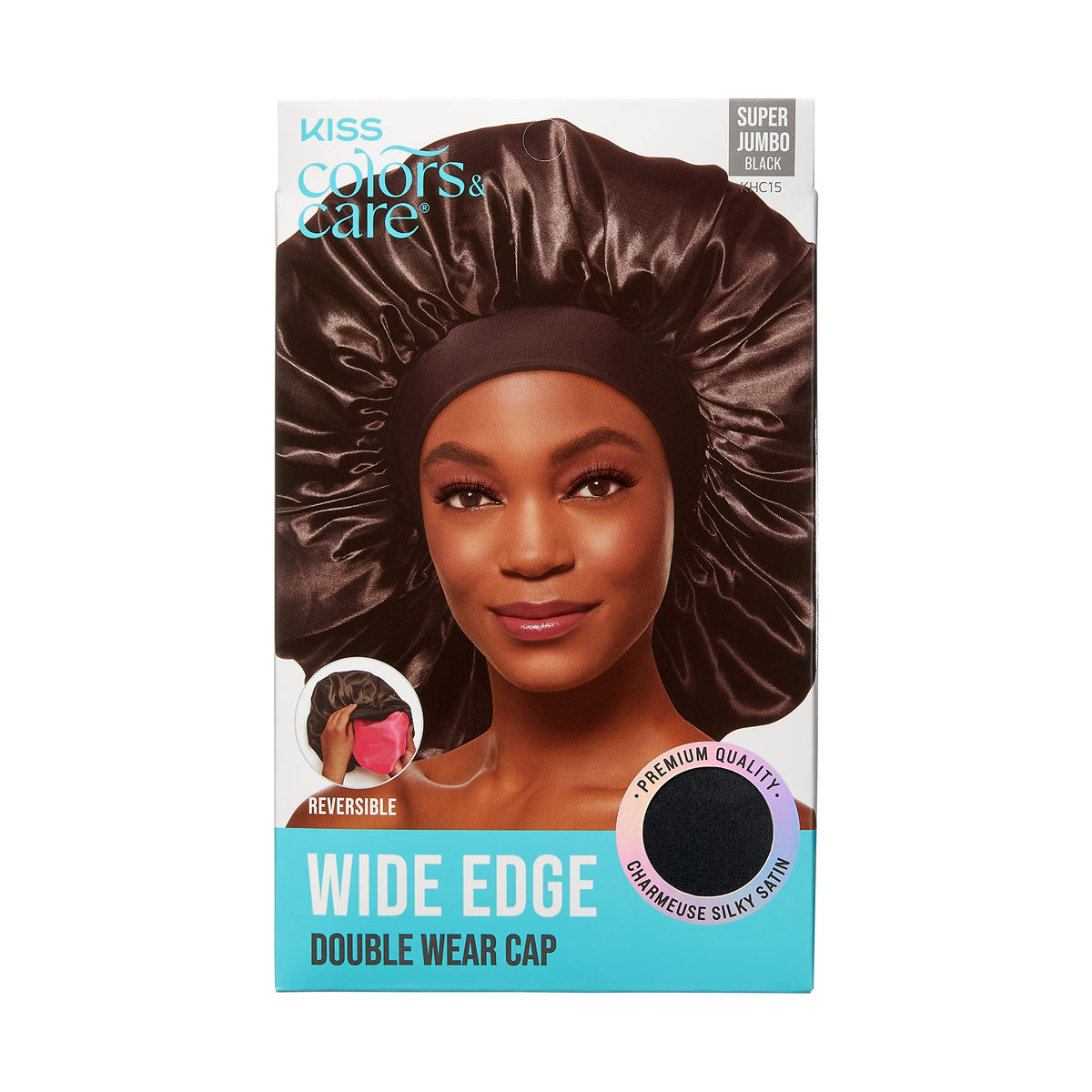 KISS Colors & Care Silky Satin Wide Edge Double Wear Cap, Super Jumbo, Black, Double Sided Reversible Designs, Premium Charmeuse