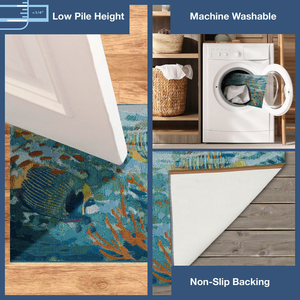 Liora Manne Esencia Machine Washable Non-Slip Low Profile Indoor/Outdoor Mat-Transitional, Coastal, Fish, Novelty, Fantasea Ocean 2' X 2'10'