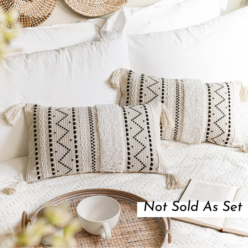 Blissblush Decorative Lumbar Throw Pillow Cover 12X20 Rectangular Boho Accent Pillowcase Black Neutral White Farmhouse Cushion F