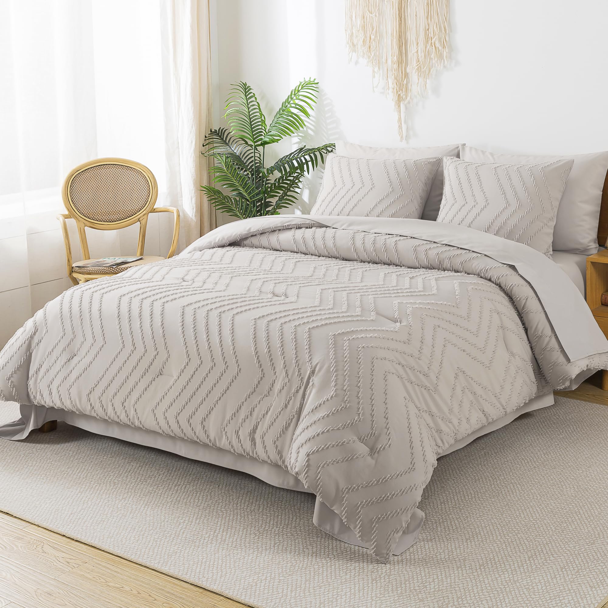 Litanika Linen Full Size Comforter Set With Sheets - 7 Pieces Bed In A Bag Full Boho Tufted Complete Beddding Sets With Comforte