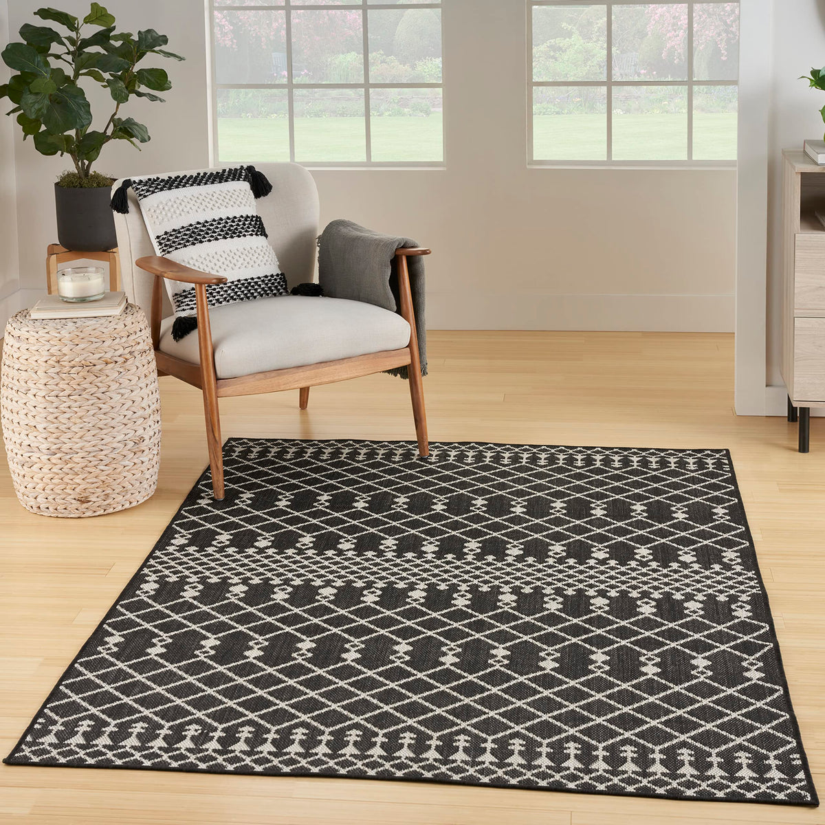 Nourison Positano Indoor/Outdoor Black 7' X 10' Area Rug, Easy Cleaning, Non Shedding, Bed Room, Living Room, Dining Room, Deck,
