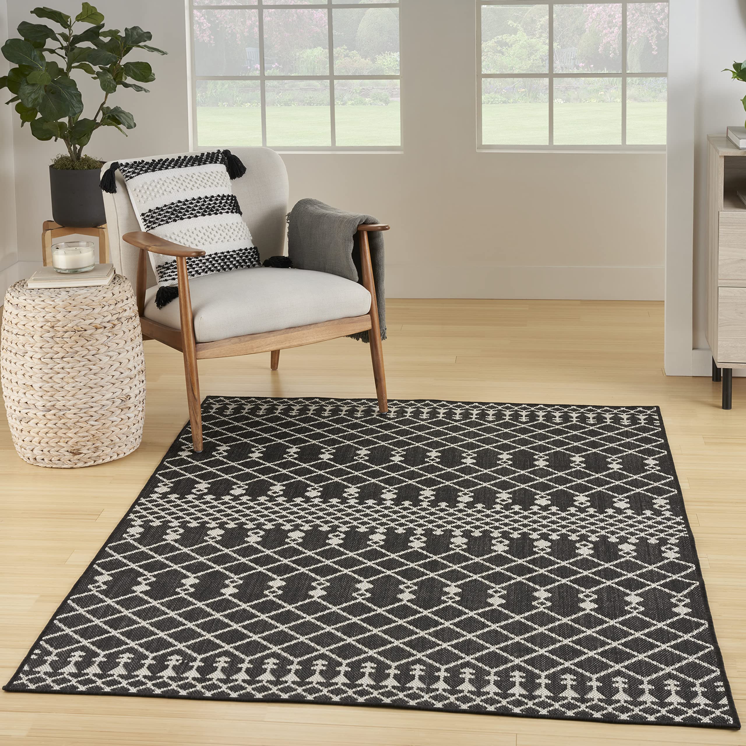 Nourison Positano Indoor/Outdoor Black 6' X 9' Area Rug, Easy Cleaning, Non Shedding, Bed Room, Living Room, Dining Room, Deck, Backyard, Patio (6X9)