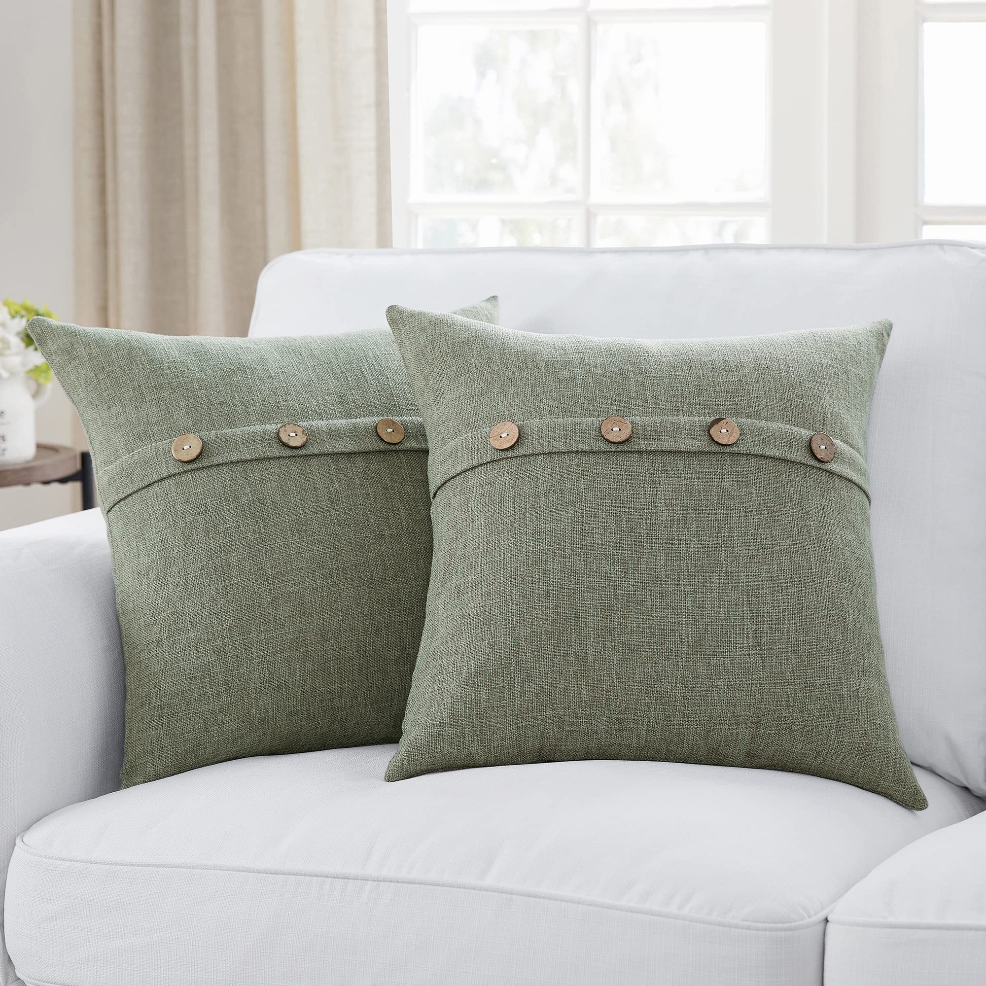 Meekio Set Of 2 Dark Sage Square Pillow Covers 20 X 20 Farmhouse Pillow Covers With Coconut Buttons For Sofa Couch Living Room B