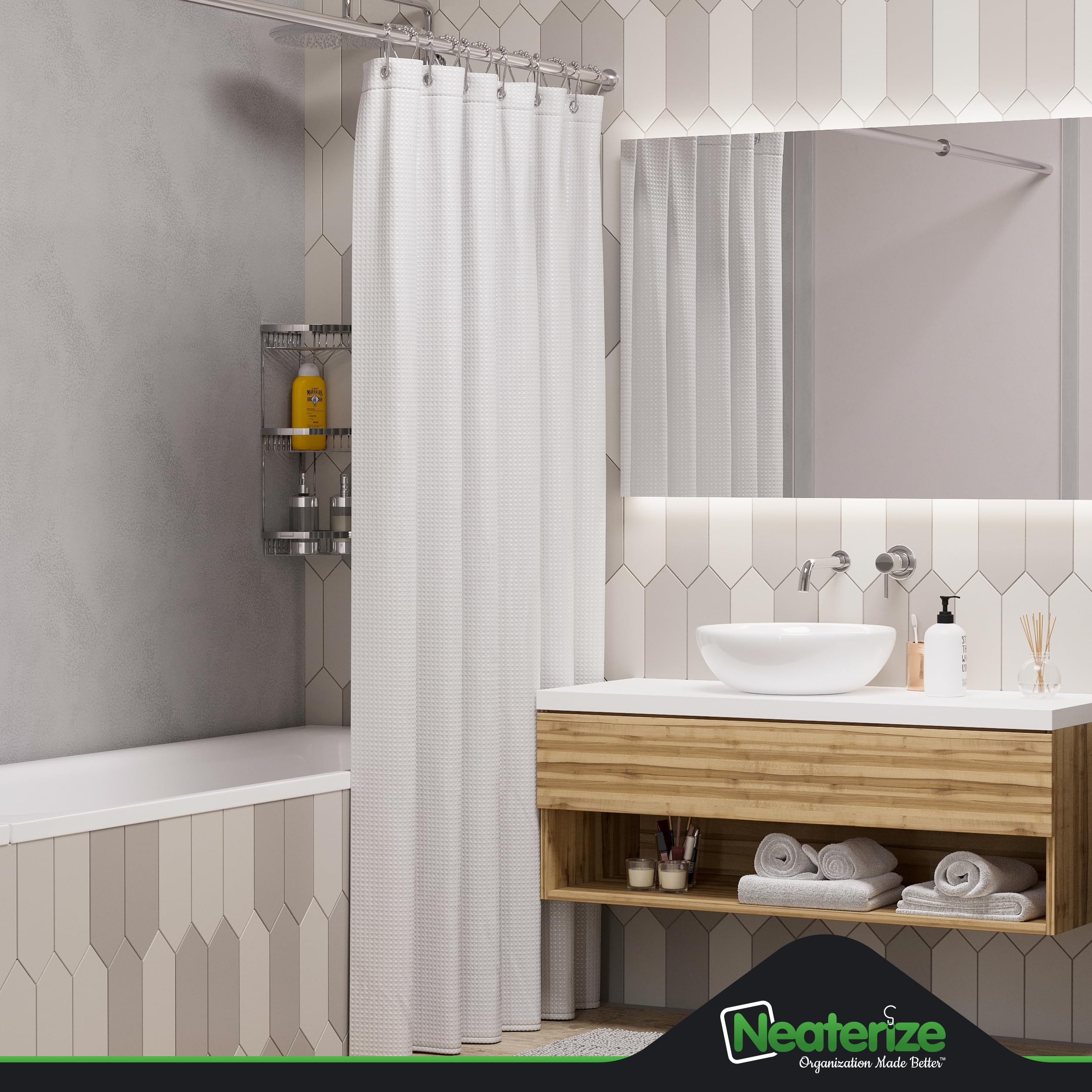 Neaterize Shower Curtain White - Hotel Style Shower Curtains For Bathroom With Waffle Design, 72X78 Inches - White Fabric Shower