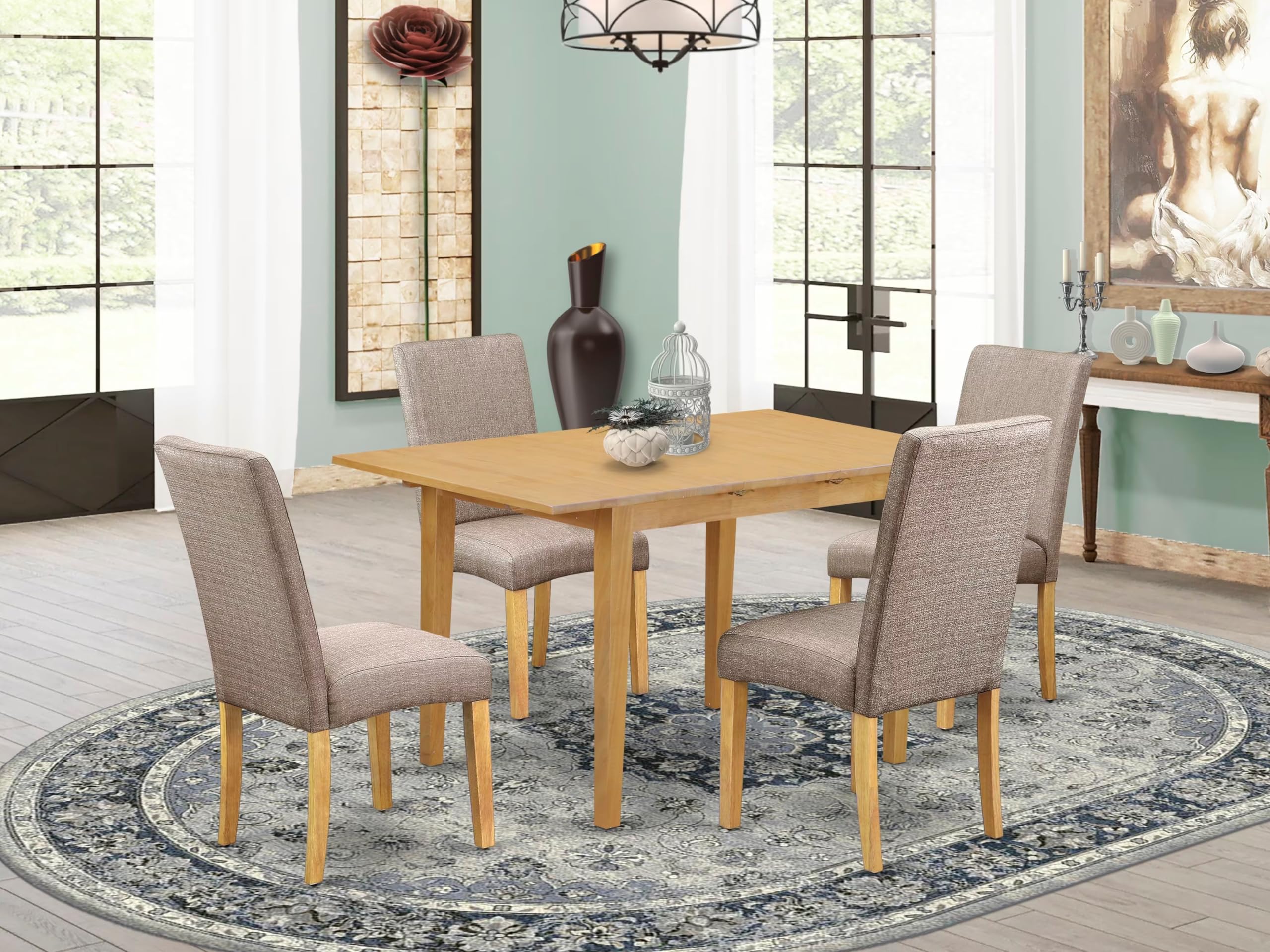 East West Furniture Nodr5-Oak-16 5 Piece Modern Dining Table Set Includes A Rectangle Wooden Table With Butterfly Leaf And 4 Dark Khaki Linen Fabric Parson Chairs, 32X54 Inch, Oak