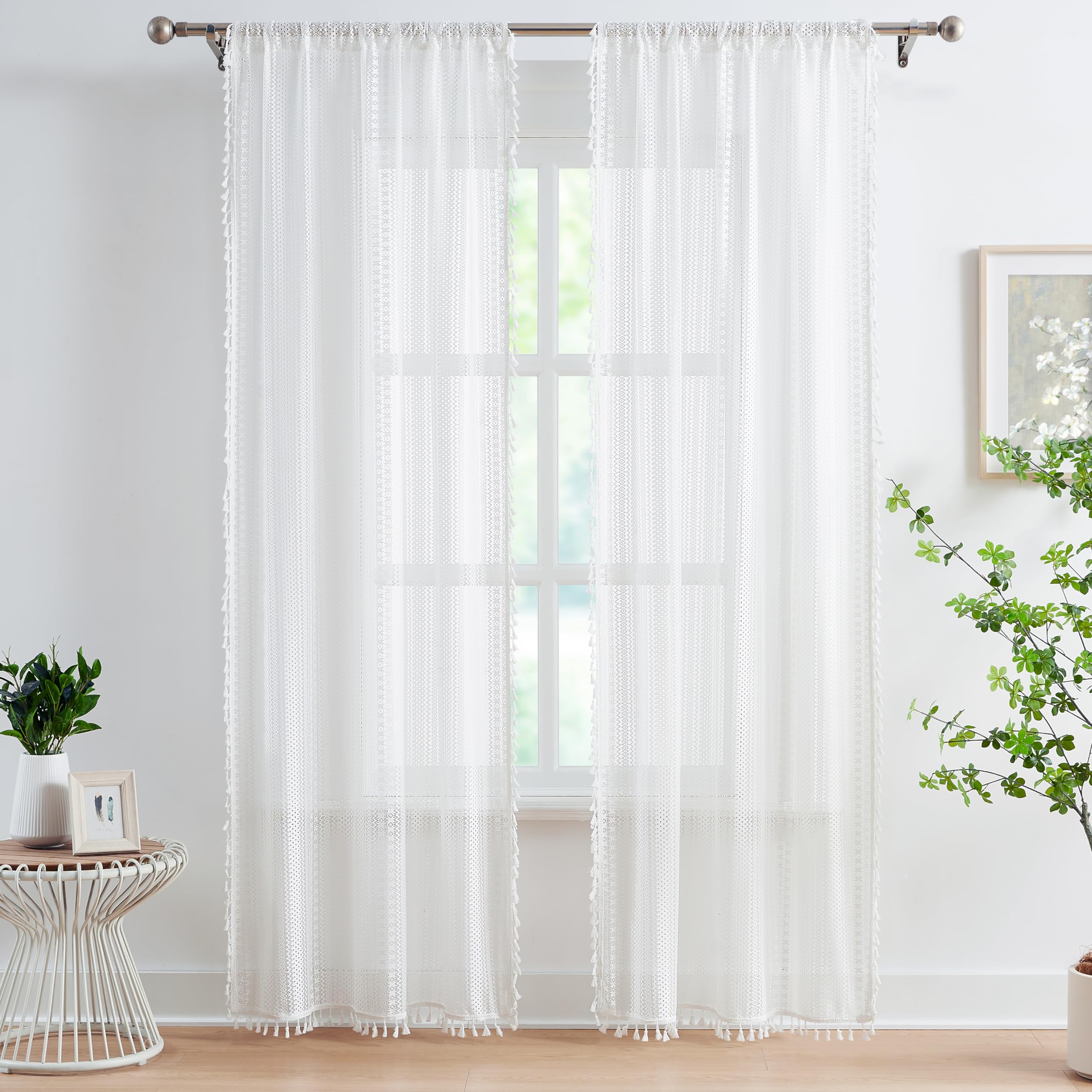 Bapawfish 95 Inches Length White Boho Lace Sheer Curtain Panels With Tassels,Rustic Rod Pocket Drapes,Embroidery Geometric Patte