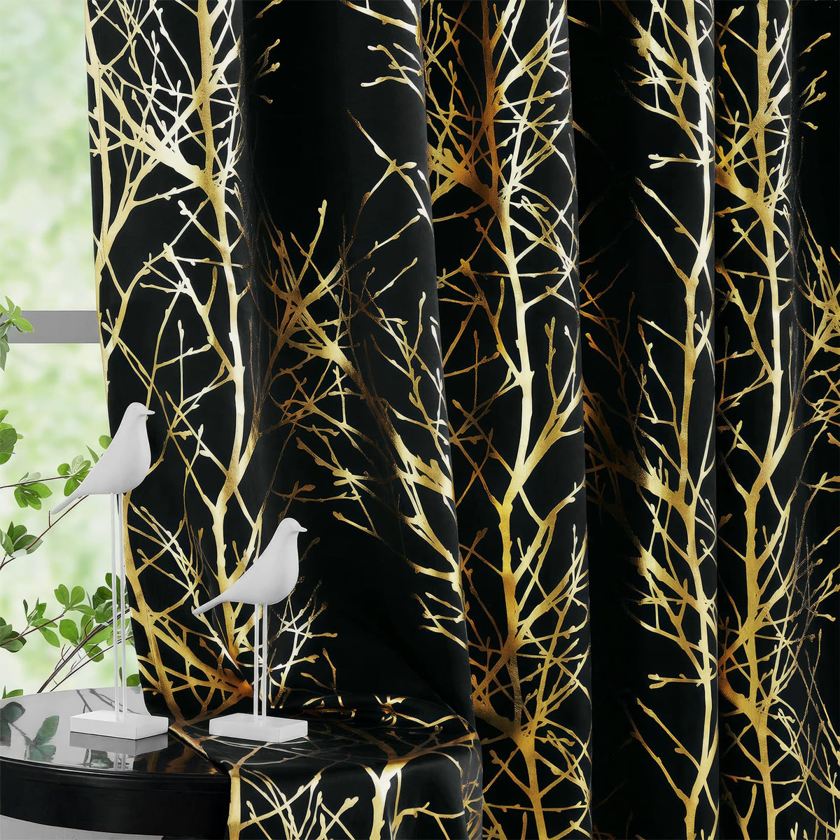FMFUNCTEX 100% Blackout Curtains for Bedroom, Gold Foil on Black Curtains 84 Inches Long Curtains for Living Room, Metallic Tree