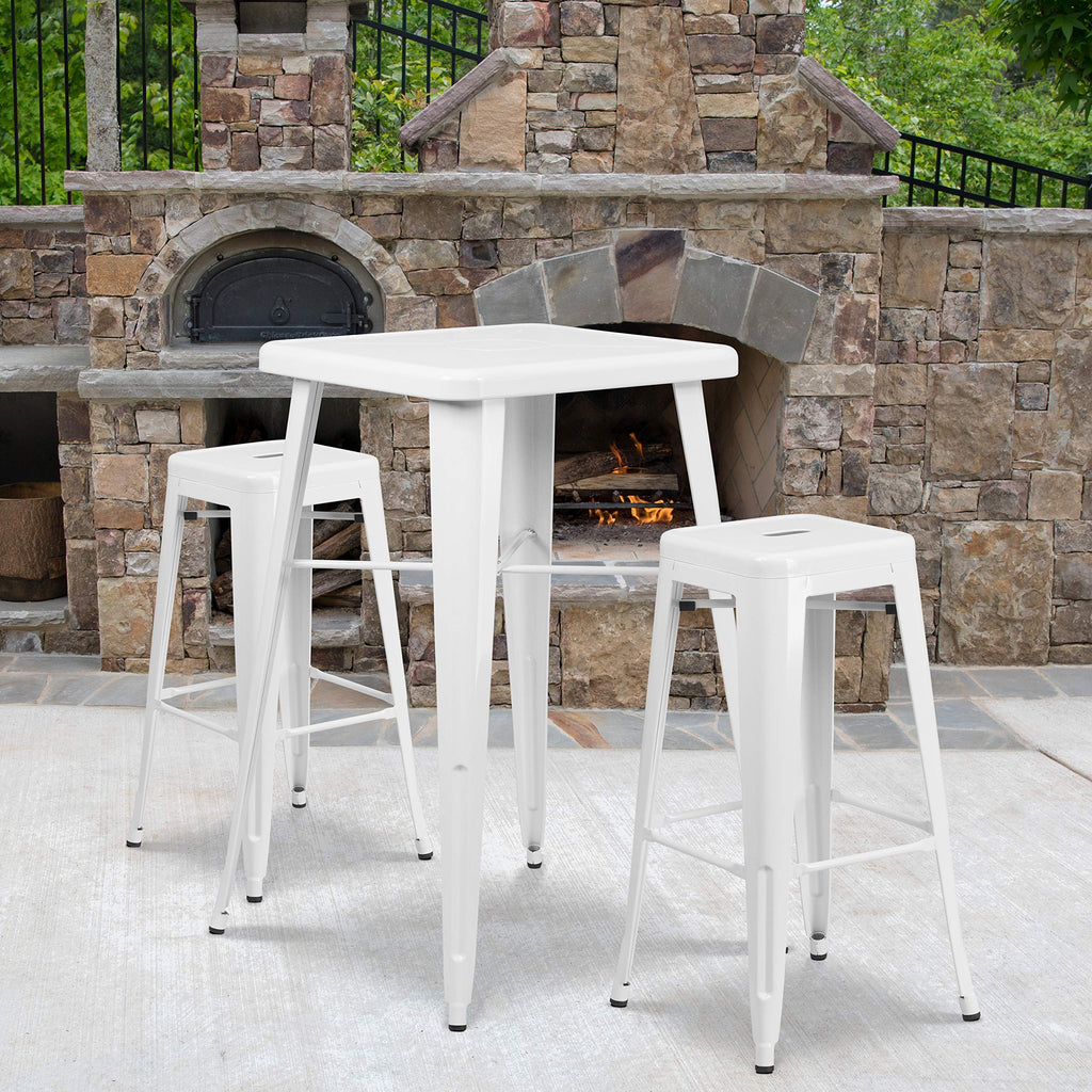 Flash Furniture Stone Commercial Grade 23.75" Square White Metal Indoor-Outdoor Bar Table Set with 2 Square Seat Backless Stools