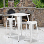 Flash Furniture Stone Commercial Grade 23.75" Square White Metal Indoor-Outdoor Bar Table Set with 2 Square Seat Backless Stools