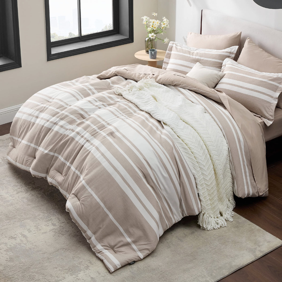 Bedsure Bed In A Bag Queen Size 7 Pieces, Light Camel White Striped Bedding Comforter Sets All Season Bed Set Khaki, 2 Pillow Sh
