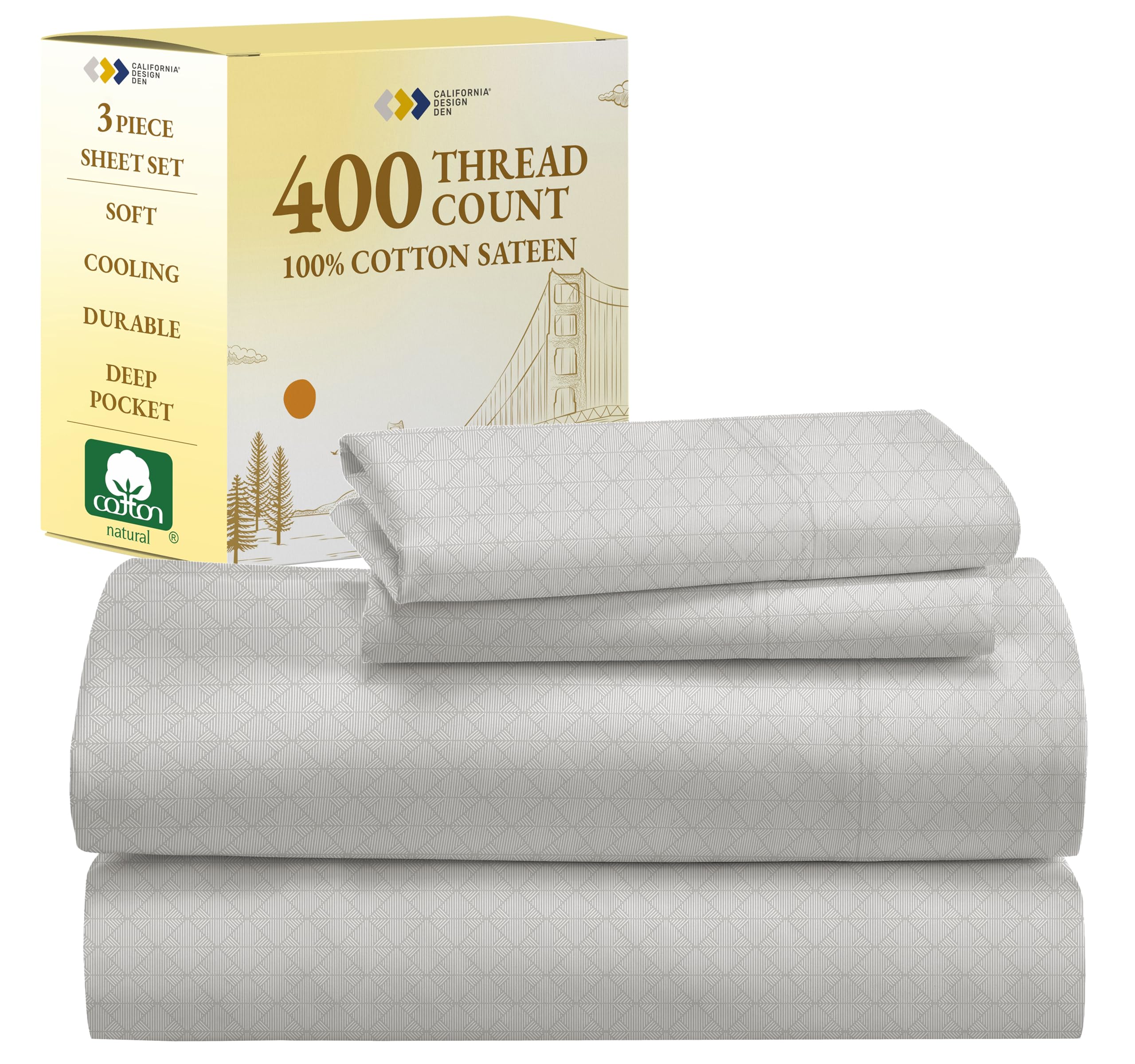 California Design Den Twin Size Sheet Set - 400 Thread Count, 100% Cotton Sateen Deep Pocket Twin Sheets & Pillowcase Set (Taupi