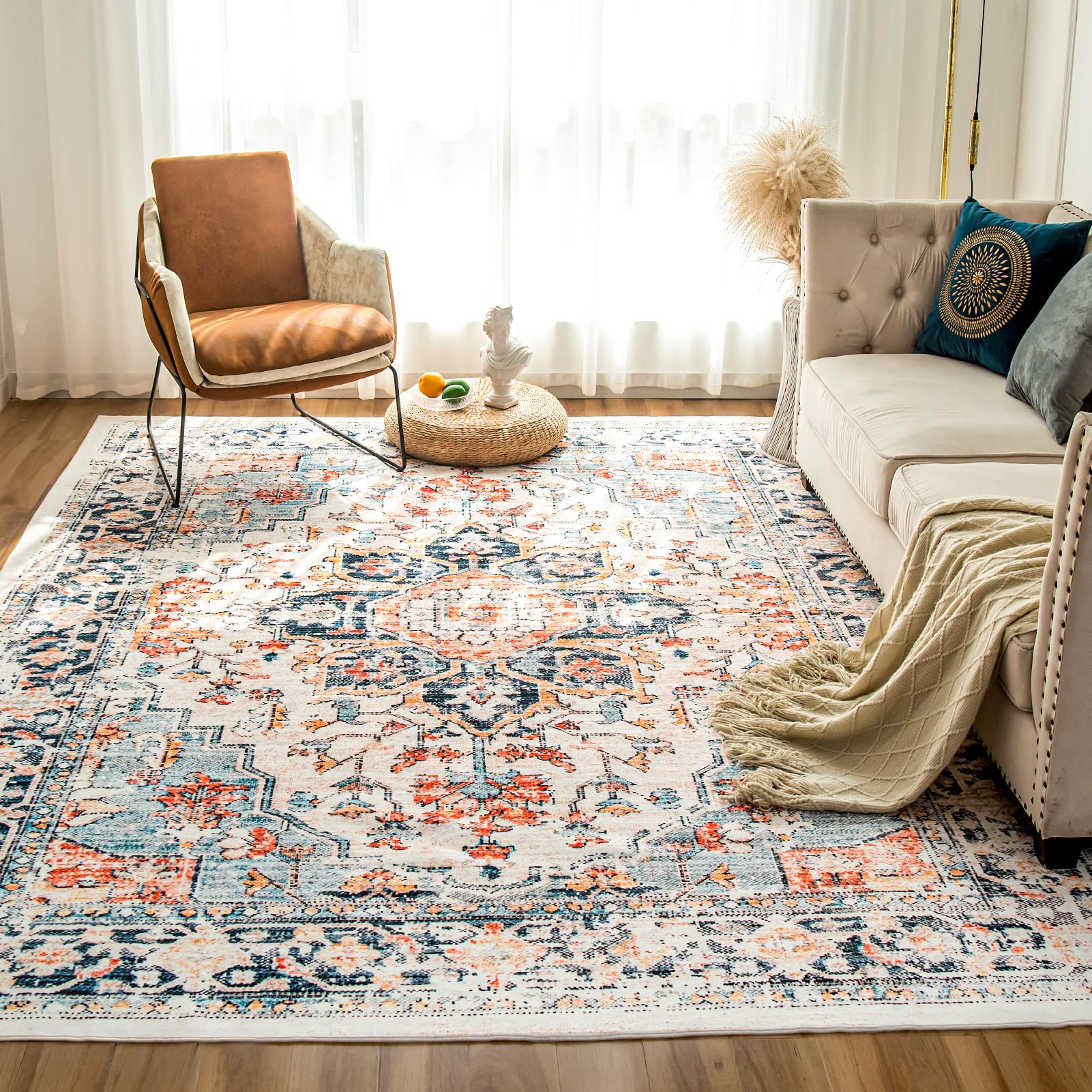 VK VKLIVING Machine Washable Rug 4x6 Vintage Design Washable Area Rugs with Non Slip Rugs for Living Room Bedroom Traditional 