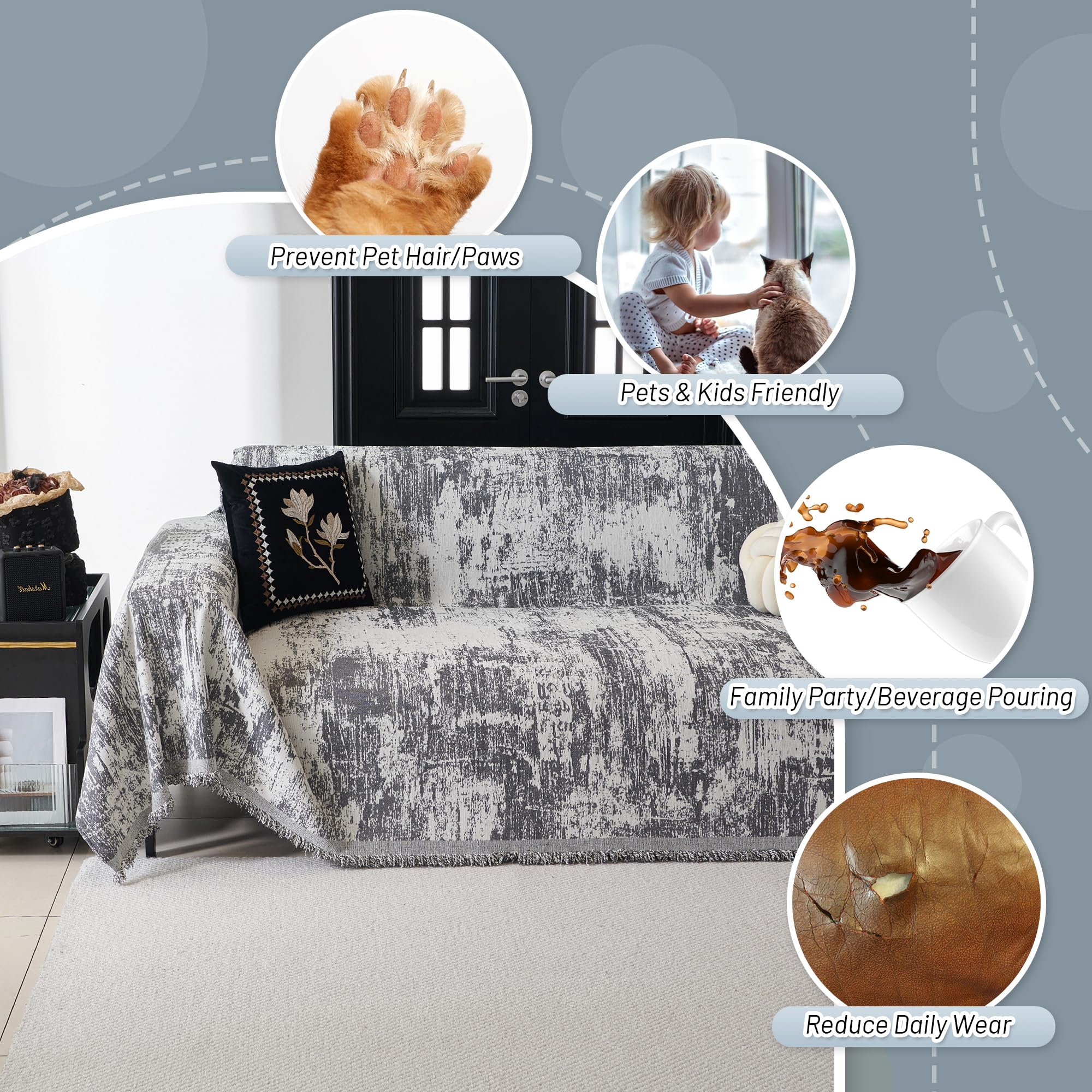 Mysky Home Boho Couch Cover For Dogs Washable Deep Grey Abstract Couch Sofa Protector For Loveseat Sofa Pets Friendly Chenille G