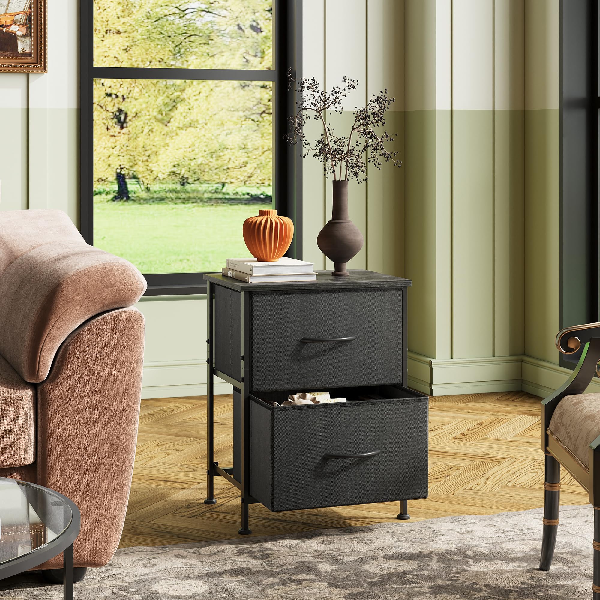 Wlive Nightstand Set Of 2, 2 Drawer Dresser For Bedroom, Small Dresser With 2 Drawers, Bedside Furniture, Night Stand, End Table With Fabric Bins For Bedroom, Closet, College Dorm, Charcoal Black