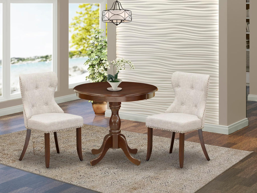 East West Furniture AMSI3-MAH-35 3 Piece Dining Room Table Set Contains a Round Kitchen Table with Pedestal and 2 Doeskin Linen Fabric Parson Dining Chairs, 36x36 Inch, Mahogany