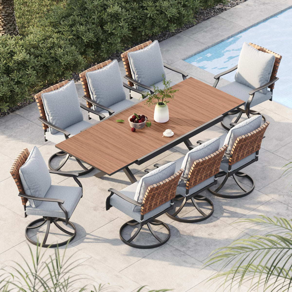 Grand Patio 9-Piece Outdoor Dining Set, 8 Leather-Look Wicker Swivel Patio Chairs & 1 Extendable Rectangular Dining Table, Brown