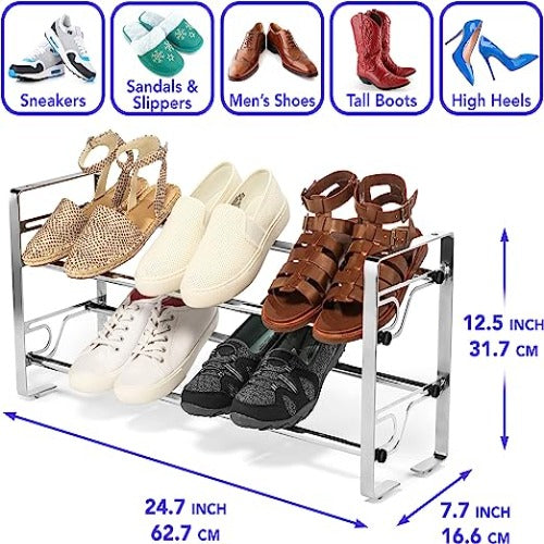 2-Tier Metal Shoe Rack with Slide-n-Adjust, 6-Pair Capacity, Chrome Finish