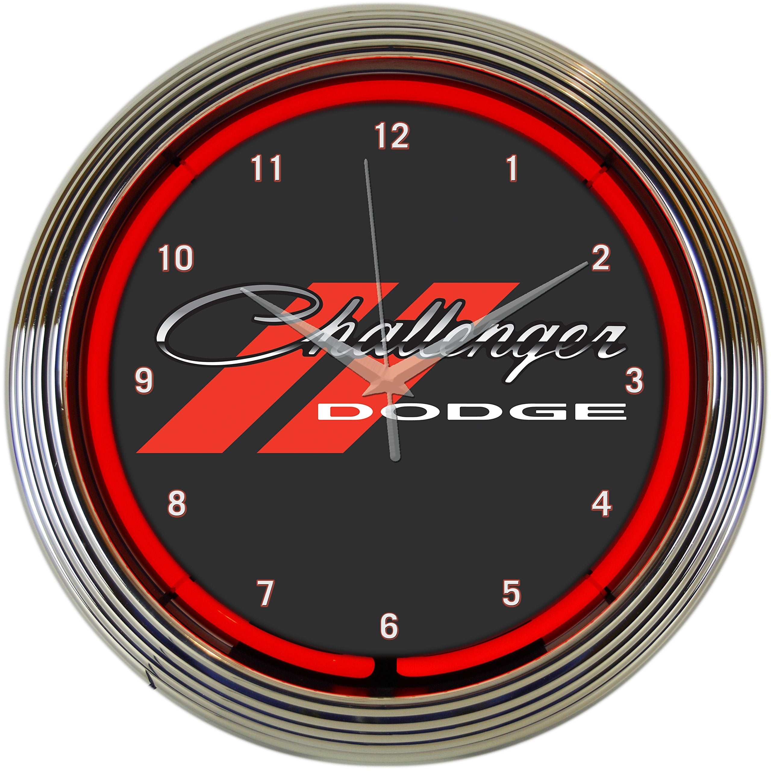 Dodge Challenger Red Neon Clock 15 Inch Diameter with Chrome Rim and Red Neon - 8CLGCK
