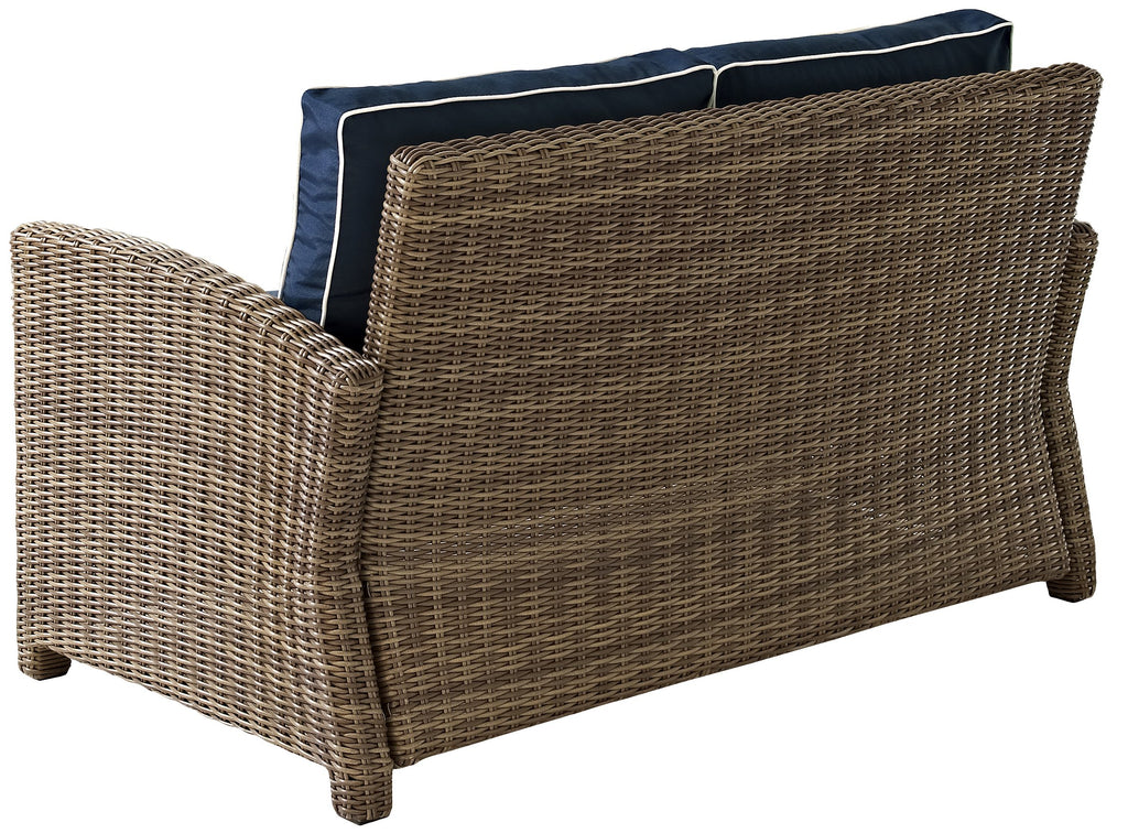 Crosley Furniture Bradenton Wicker Outdoor Loveseat, 2-Person Patio Couch For Porch, Deck, Backyard, Brown With Navy Cushions