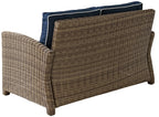 Crosley Furniture Bradenton Wicker Outdoor Loveseat, 2-Person Patio Couch For Porch, Deck, Backyard, Brown With Navy Cushions