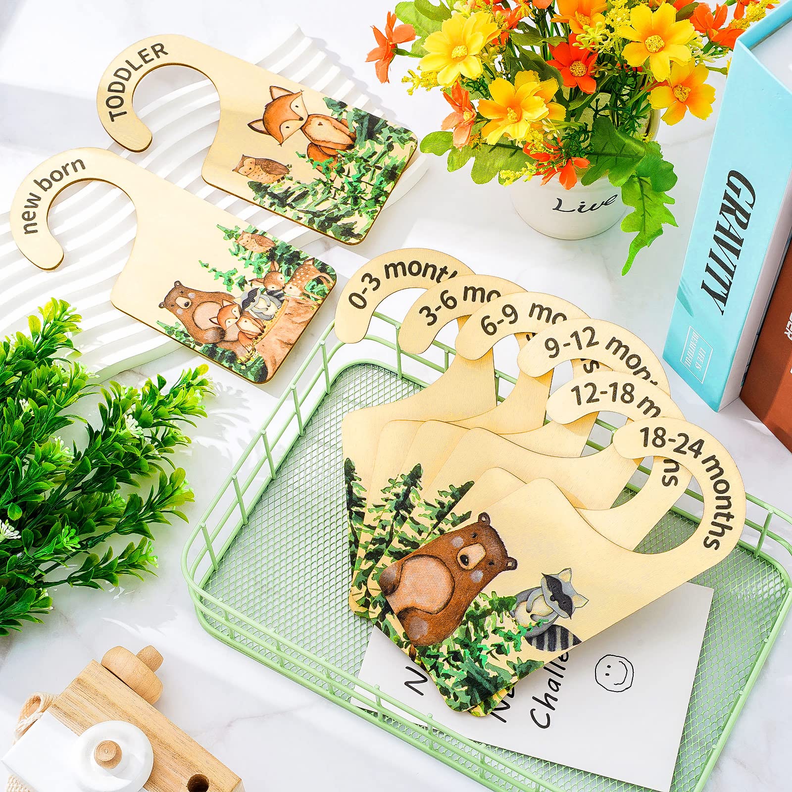 Whaline 8Pcs Baby Closet Size Dividers Woodland Design Hanging Wooden Baby Closet Organizer Newborn To 24 Months Thicken Baby Wardrobe Organizer For Home Nursery Baby Clothes Decor