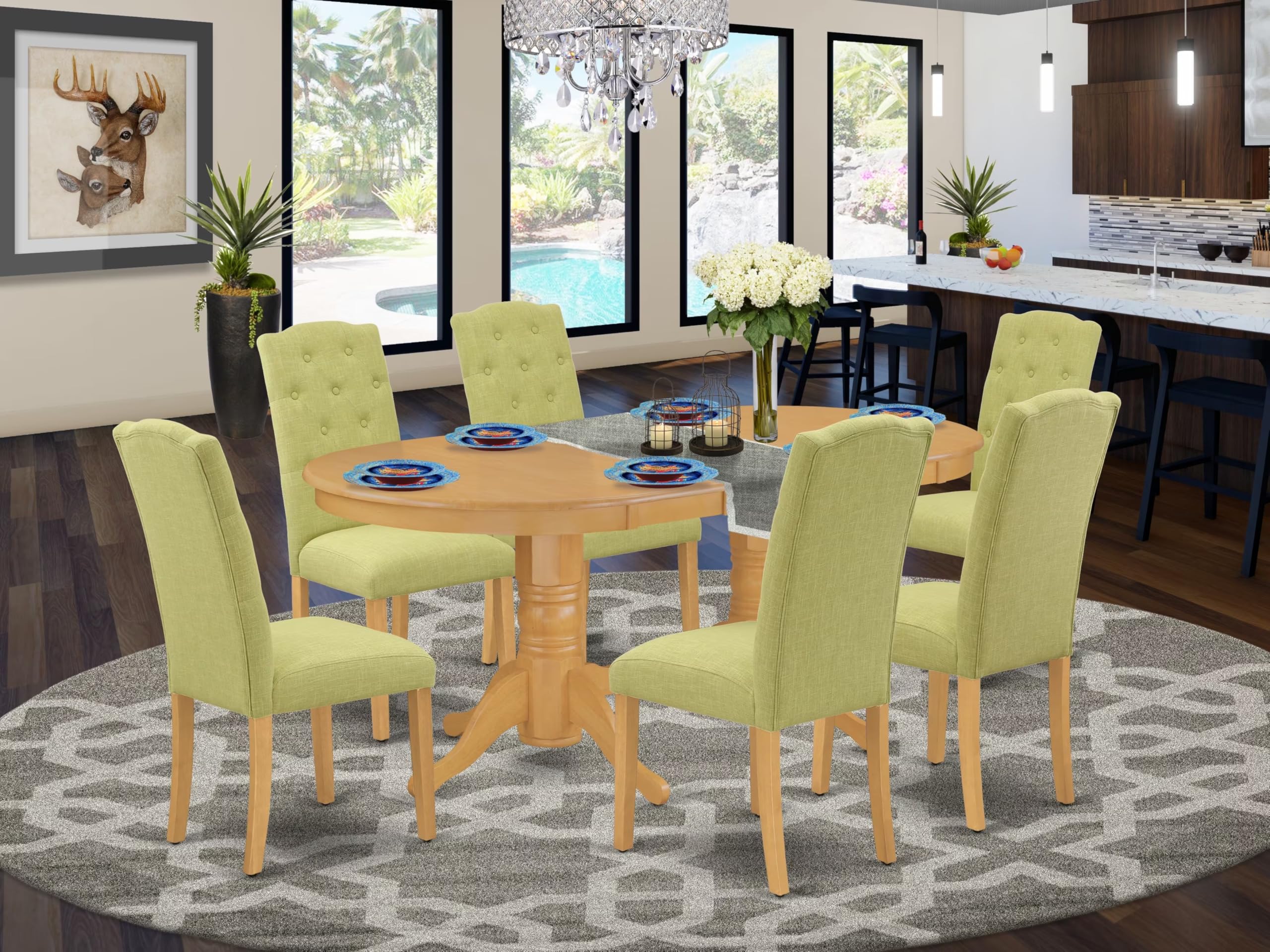 East West Furniture Vace7-Oak-07 7 Piece Dining Room Table Set Consist Of An Oval Kitchen Table With Butterfly Leaf And 6 Limelight Linen Fabric Parson Dining Chairs, 40X76 Inch, Oak
