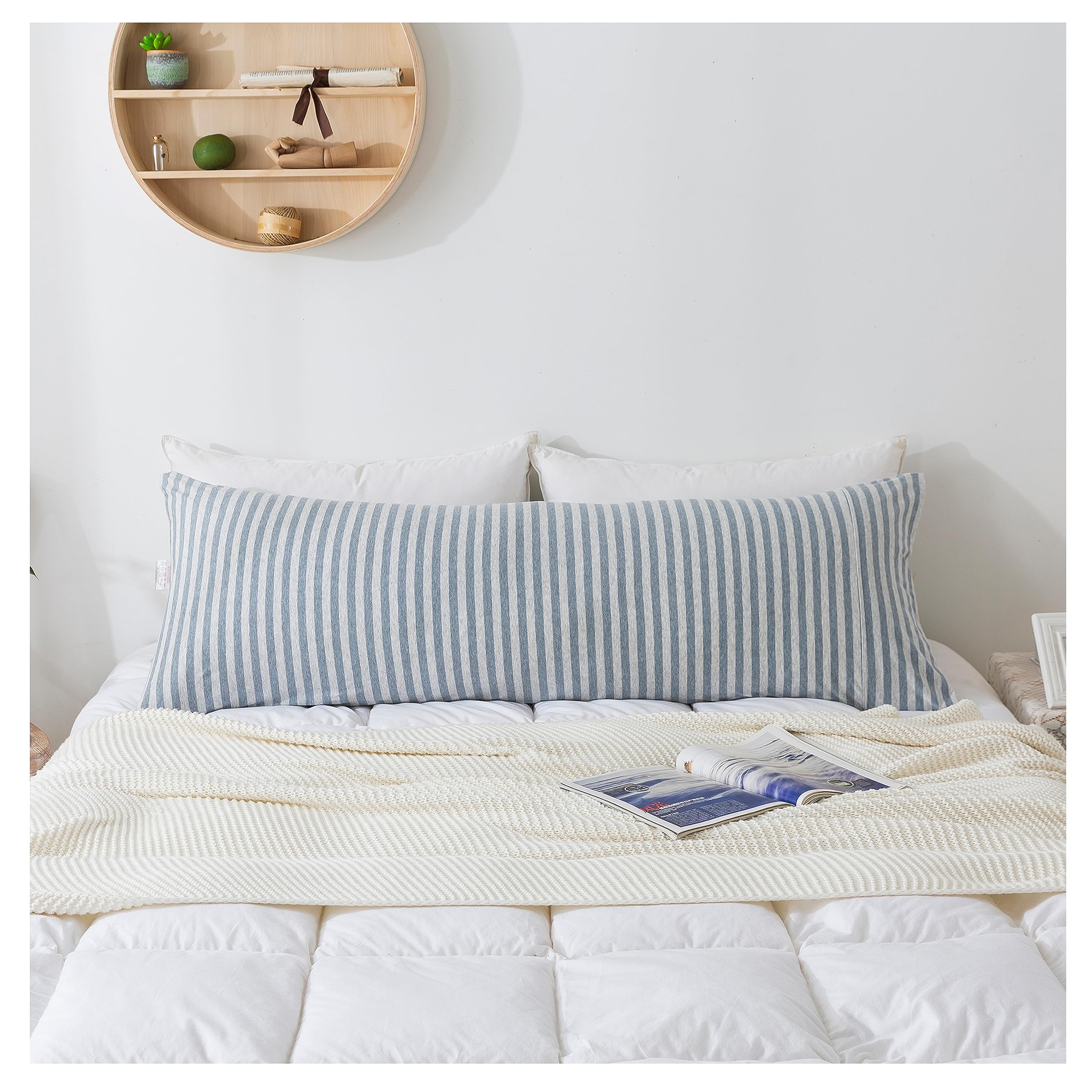 H Household Pillowcases, 100% Cotton Jersey Knit, Soft And Cozy, Wrinkle, Stain Resistant With Envelope Closure (Blue Stripe, Bo