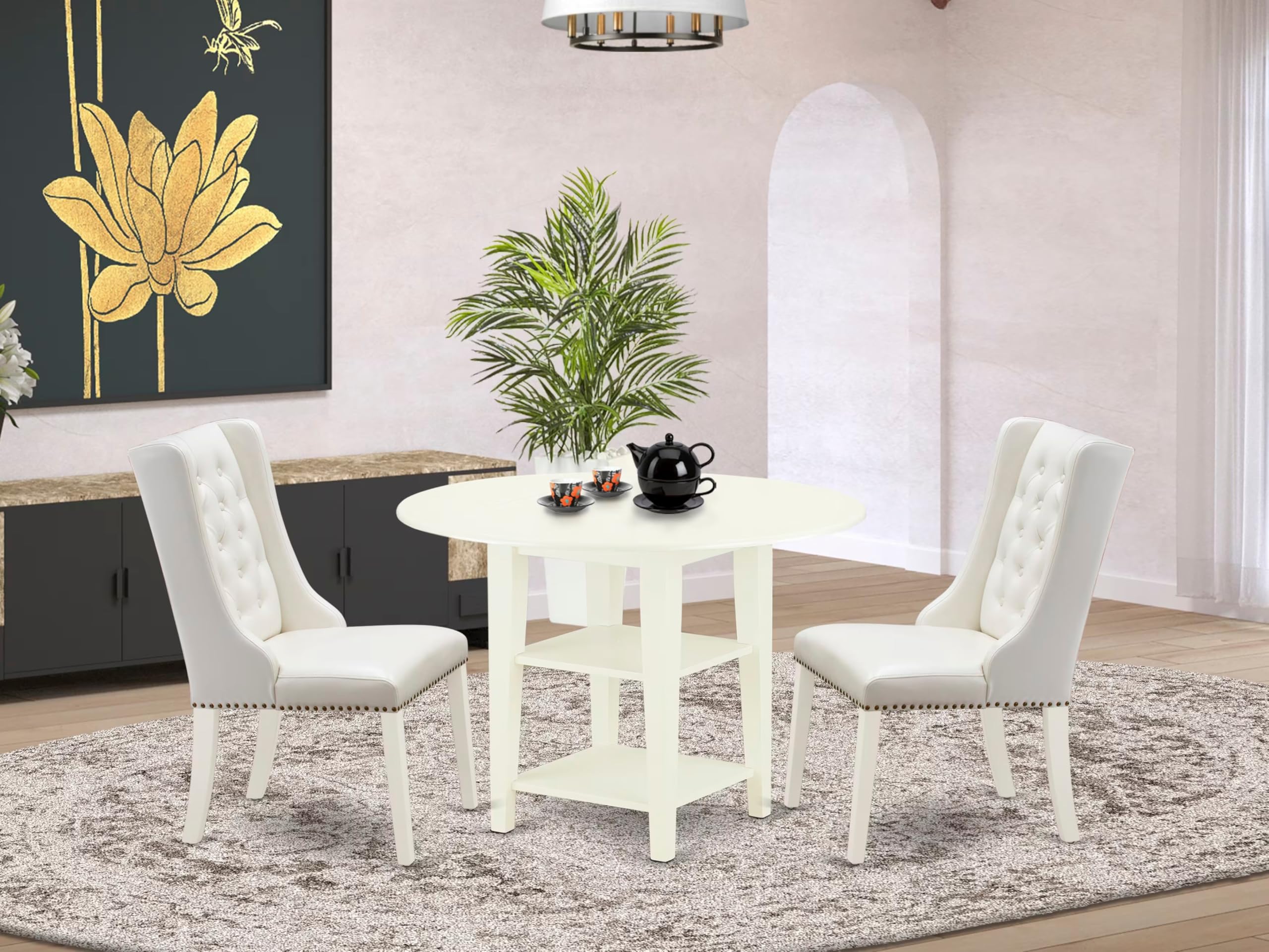 East West Furniture SUFO3-LWH-44 3 Piece Small Dinette Set Contains a Round Dining Table with Dropleaf & Shelves and 2 Light Grey Faux Leather Parsons Chairs, 42x42 Inch, Linen White