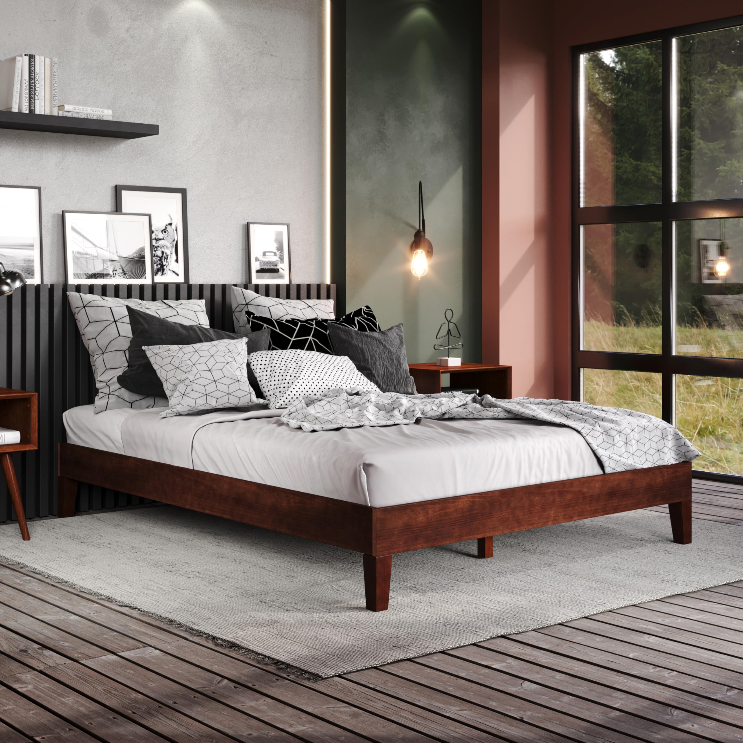 Steve Silver Co Nix Full Platform Bed, Bedroom, Farmhouse, Mid-Century, Traditional, 28-Slat Dual-Zone System Support, No Box Spring Needed, Solid Pine Wood, 77.01&quot; L x 55.47&quot; W x 12.24&quot; H, Brown