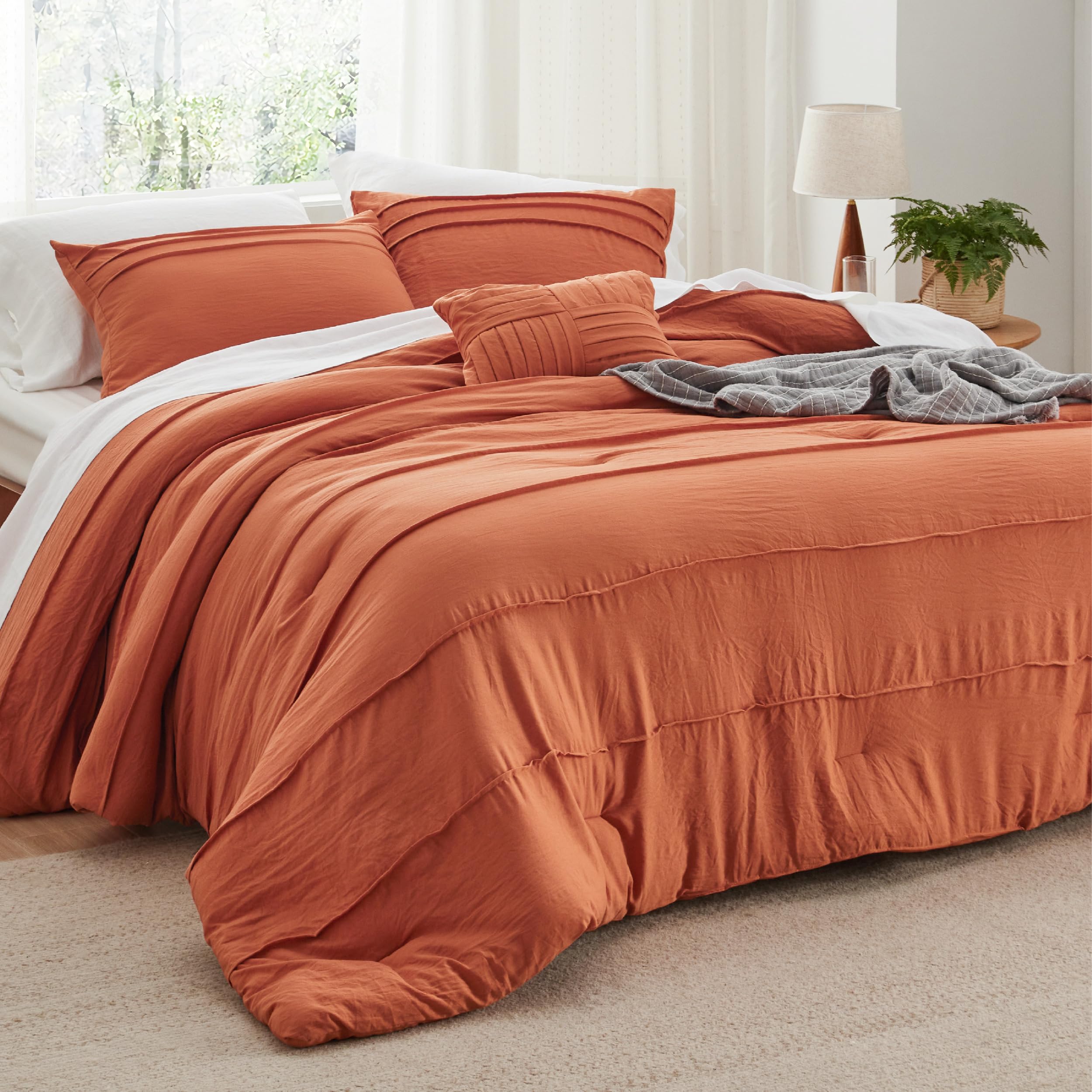 Bedsure Burnt Orange Queen Comforter Set - 4 Pieces Pinch Pleat Bed Set, Down Alternative Bedding Sets For All Season, 1 Comfort