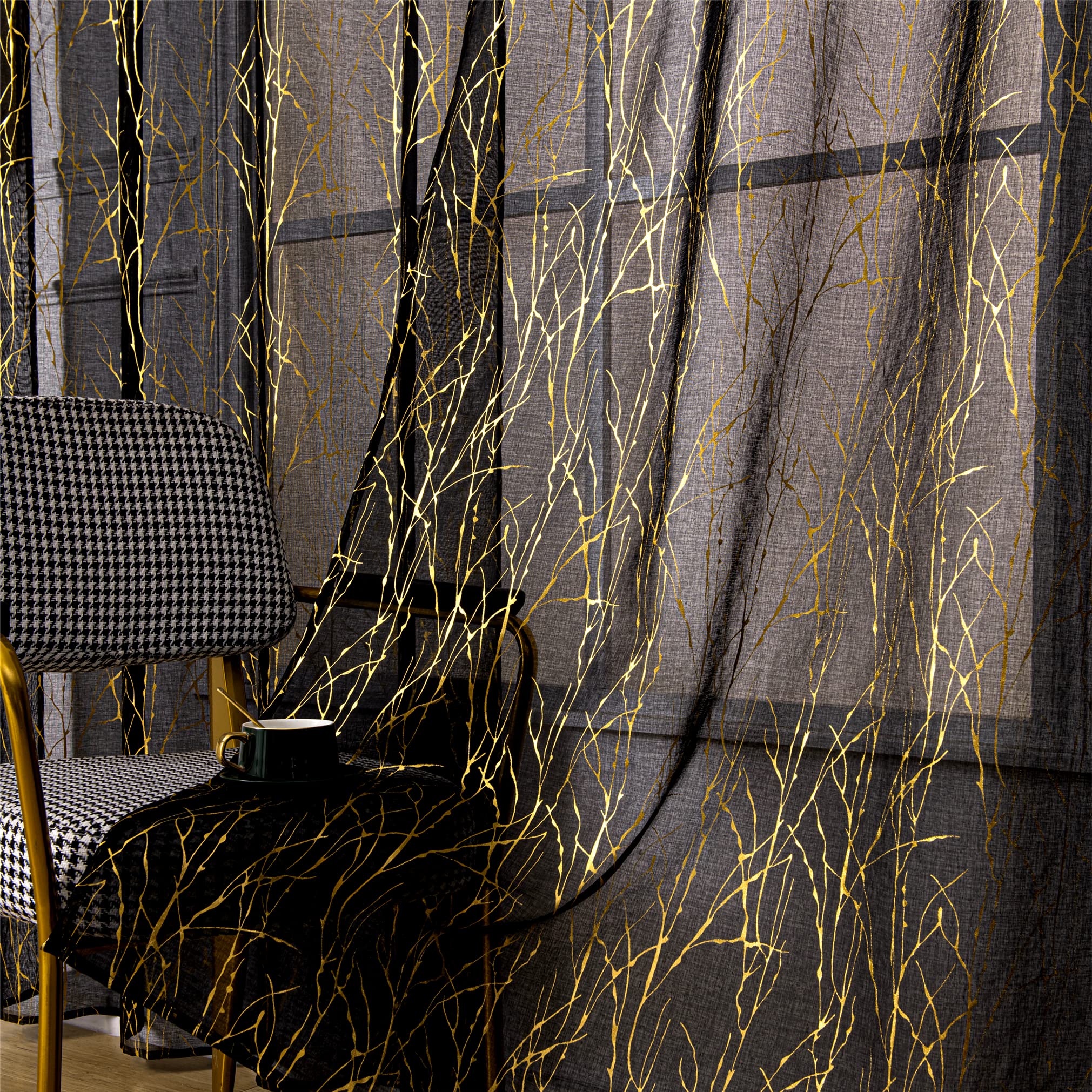 Deeprove Black Sheer Curtains 63 Inch Length 2 Panels, Tree Branch Gold Foil Print Metallic For Bedroom Living Room Xmas Artisti