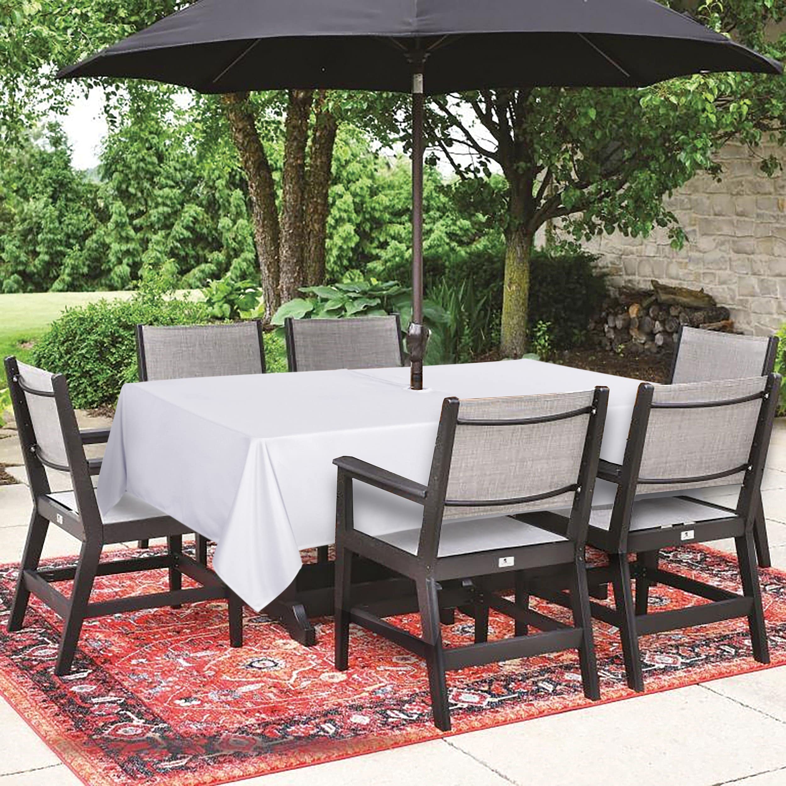 Saraflora Outdoor And Indoor Tablecloth -60X102 Inch White Wrinkle Free Washable Waterproof Table Cloth With Umbrella Hole And Zipper Rectangle Table Cover For Spring/Summer/Patio/Picnic/Bbqs/Party